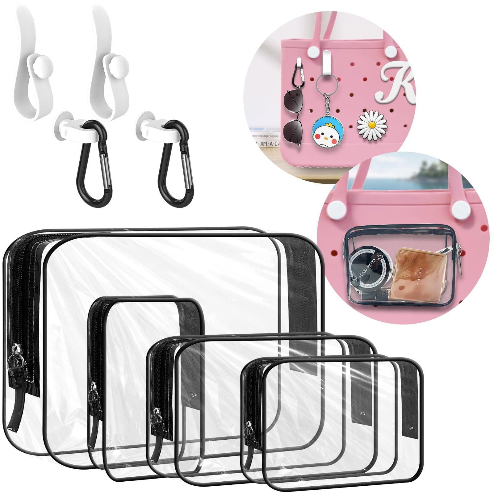 4 Packs Clear Bogg Bag Accessories with 4 Pcs Insert Hooks, Suitable for Bogg Bag & Simple Southern Tote Travel Cellphone Makeup Clean Toiletry Brush Organizer Cosmetic Divider Storage Inner Pouch