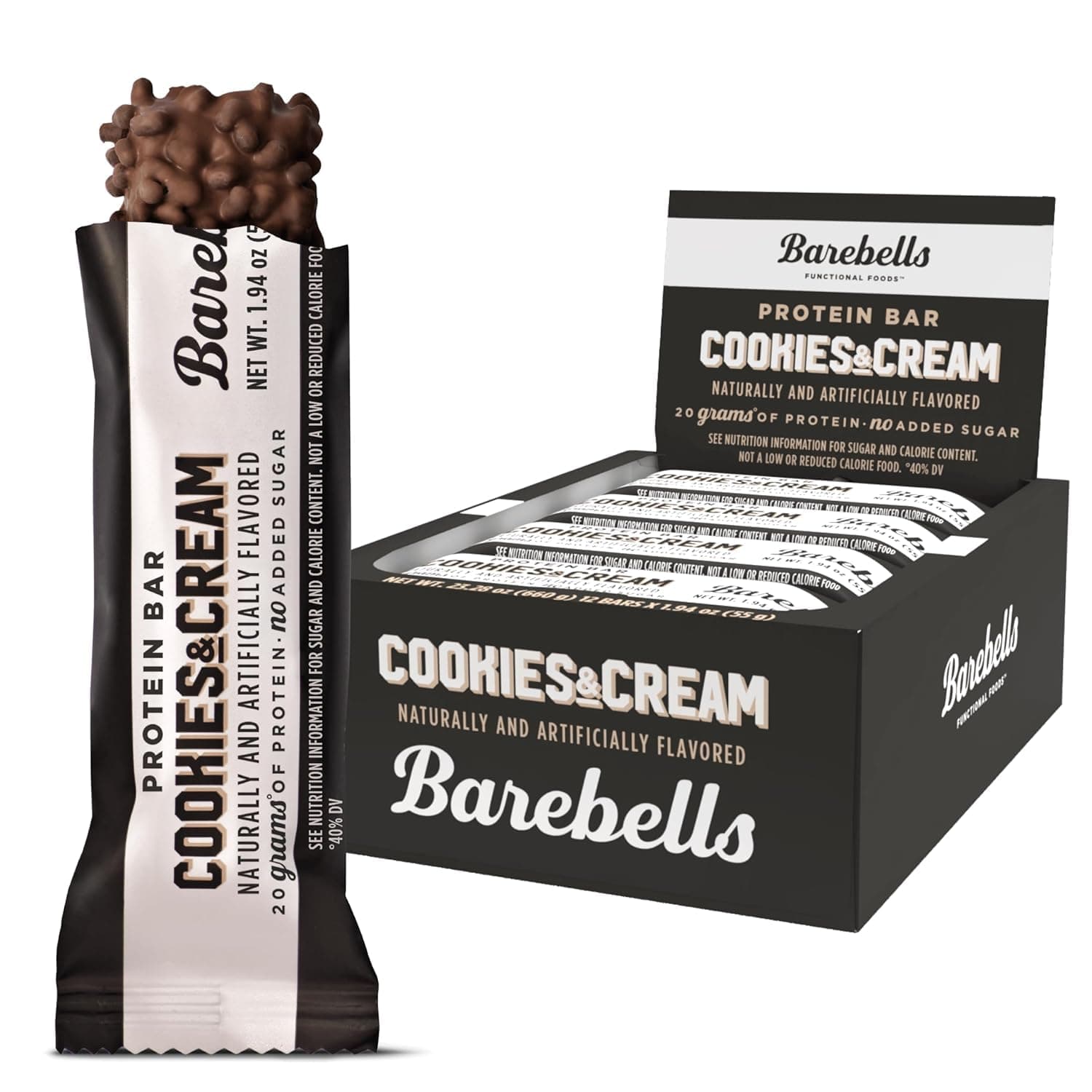 Protein Bars Cookies & Cream - 12 Count, 20g High Protein Treats - Chocolate Nutrition Bar with 1g Total Sugars - On-The-Go Breakfast or Post-Workout Snack