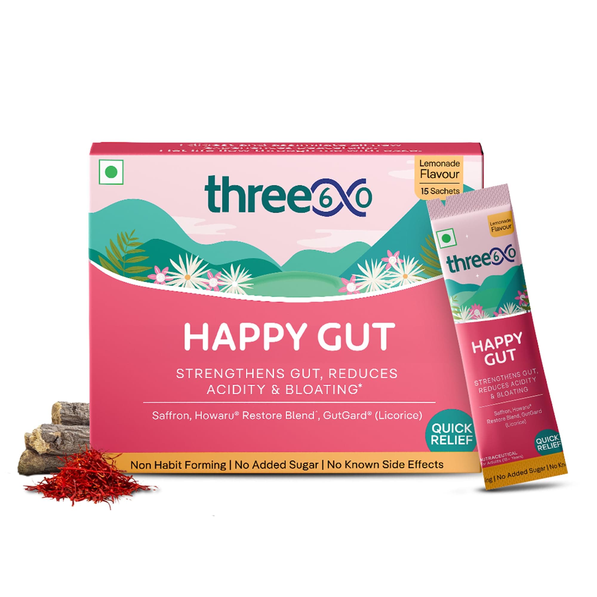 three60 HAPPY GUT Powder | Quick Relief from Acidity & Bloating | Howaru Restore, Saffron Extract, Gutgard | No Added Sugar | No Artificial Colours | 15 Powder Sachets