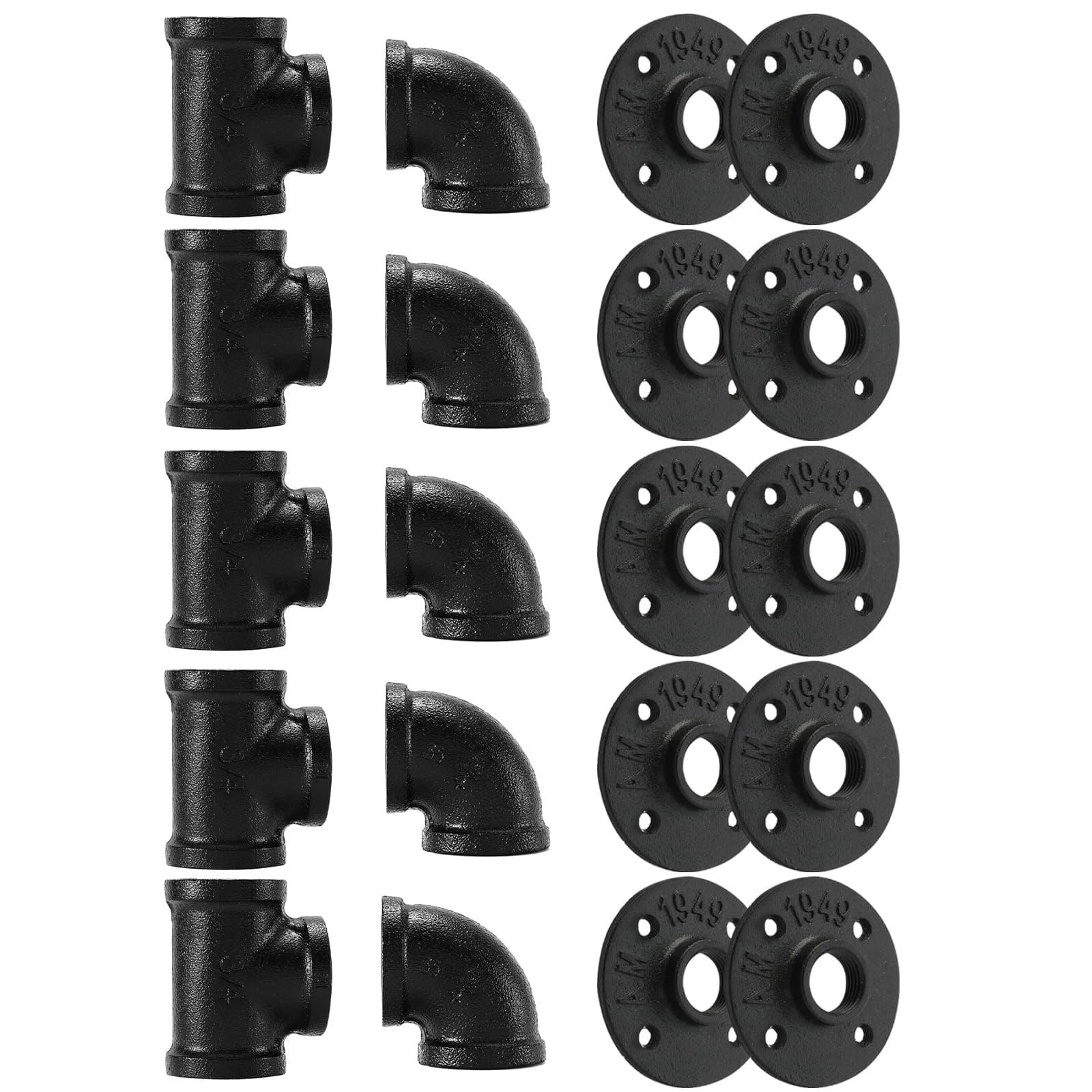 3/4" Black Pipe Fitting, Home TZH 20 Pack Floor Flange/Elbow/Tee Combo for Industrial vintage style, Flanges/Elbow/Tee with Threaded Hole for DIY Project/Furniture/Shelving(20, Black 3/4")