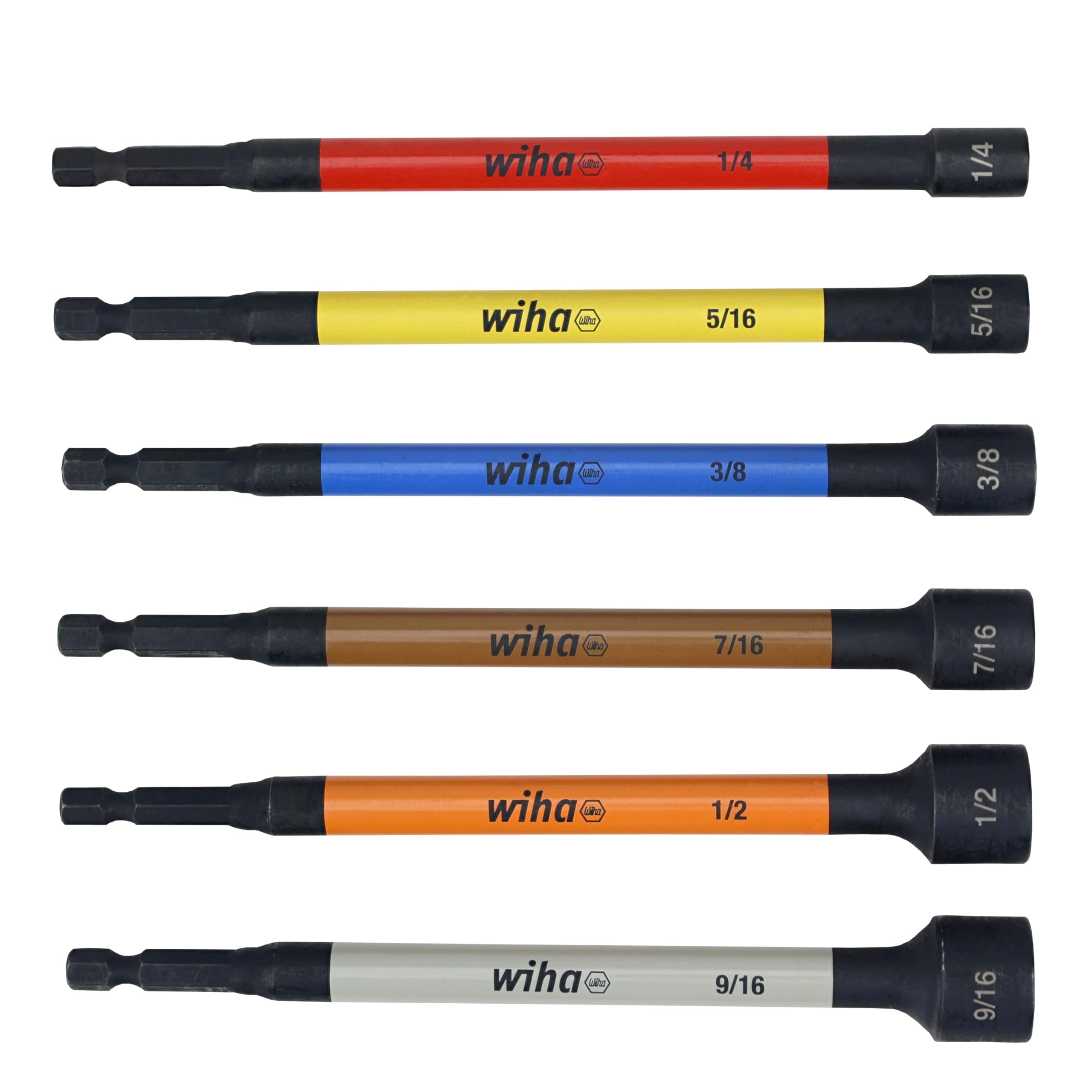 Wiha 70486 Magnetic Nut Setter Set, 6 Piece SAE, Color Coded, 1/4-Inch Hex Drive, Impact Rated