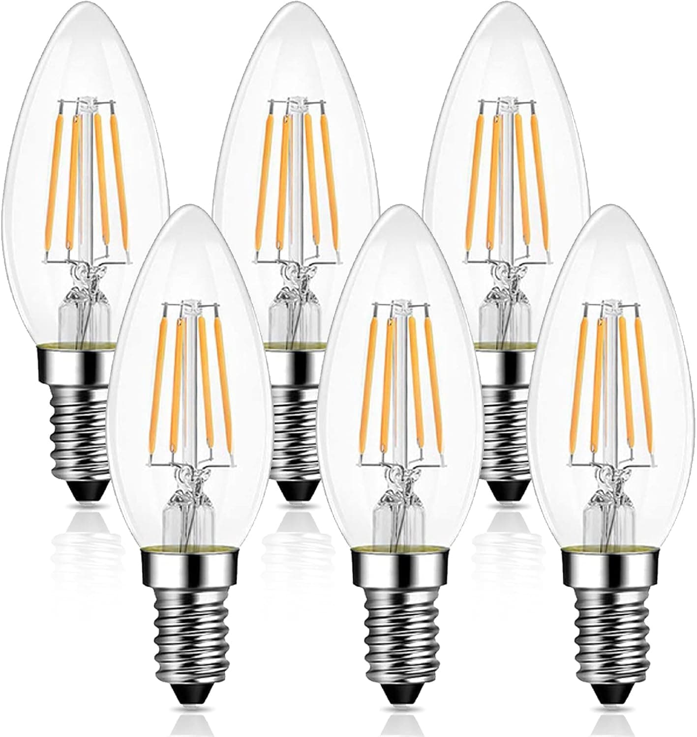 Levidon E14 LED Candle Light Bulbs, Small Edison Screw (SES) 2700K Warm White Clear Filament - Pack of 6