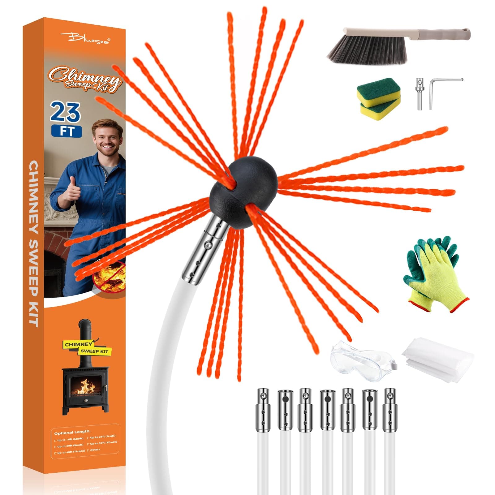 Bluesea 23ft Chimney Cleaning Brush Kit,Electrical Drill Drive Sweeping Cleaning Tool Kits with Nylon Flexible Rods,Includes Trim-to-Fit Spinning Chimney Whip (7 Rods)
