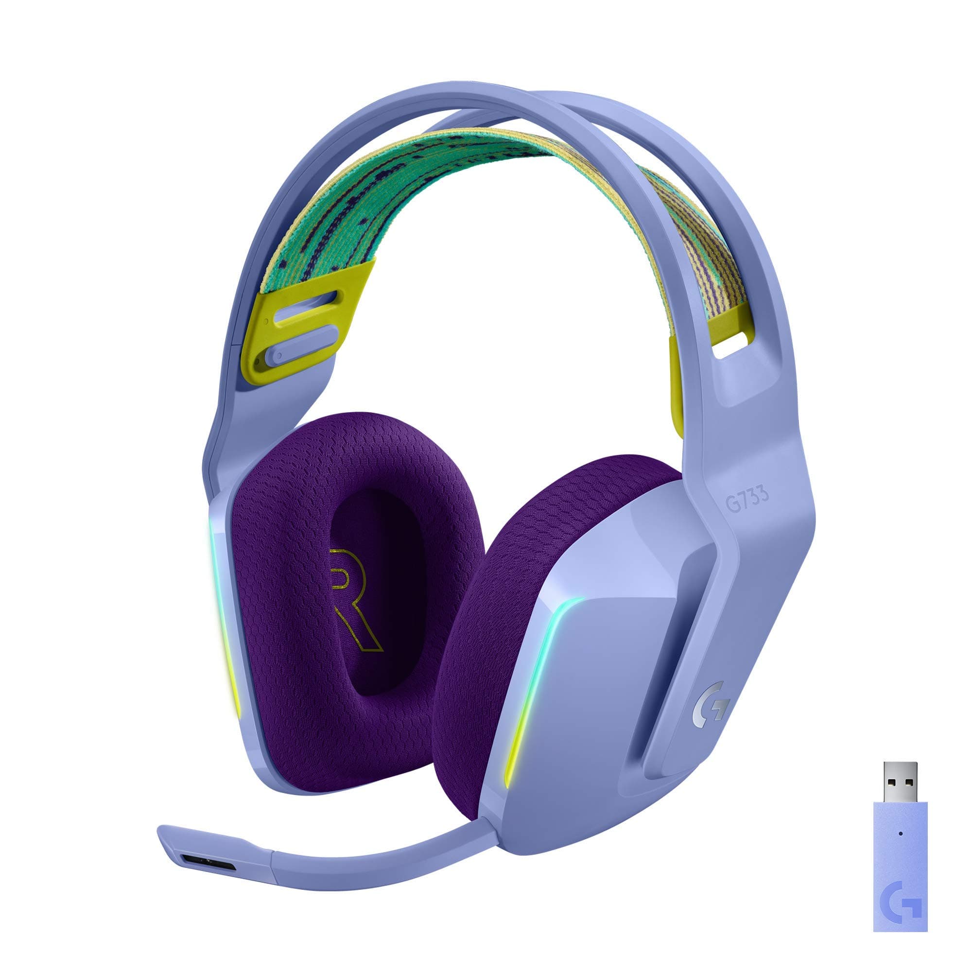 Logitech G733 Lightspeed Wireless Gaming Headset with Suspension Headband, LIGHTSYNC RGB, Blue VO!CE mic Technology and PRO-G Audio Drivers - Lilac