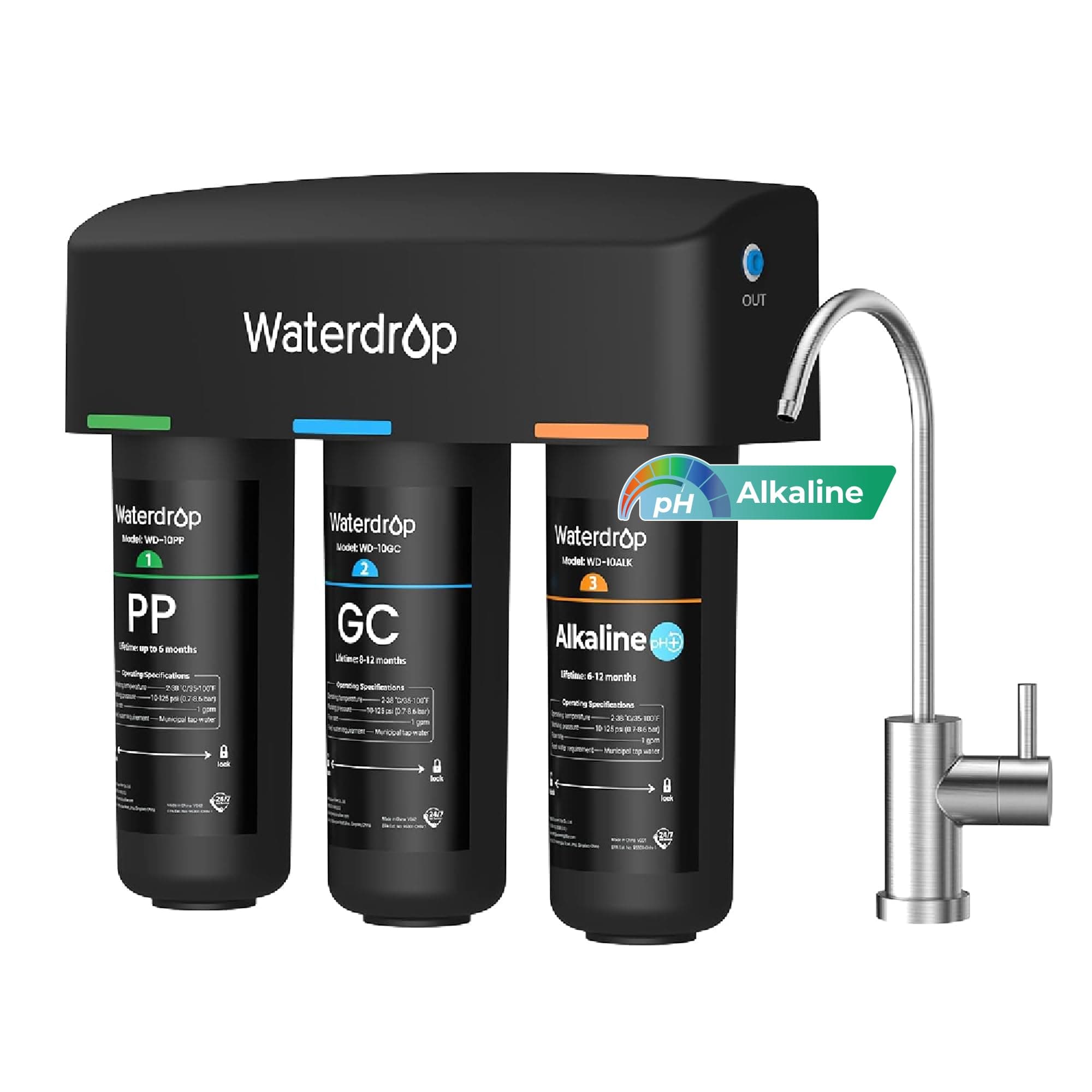 Waterdrop TSB-ALK 8 Layer Slightly Alkaline Under Sink Water Filter System, Reduces PFAS, PFOA/PFOS, Fluoride, Chlorine, Bad Taste & Odor, with Dedicated Faucet, Under Sink Water Filtration System