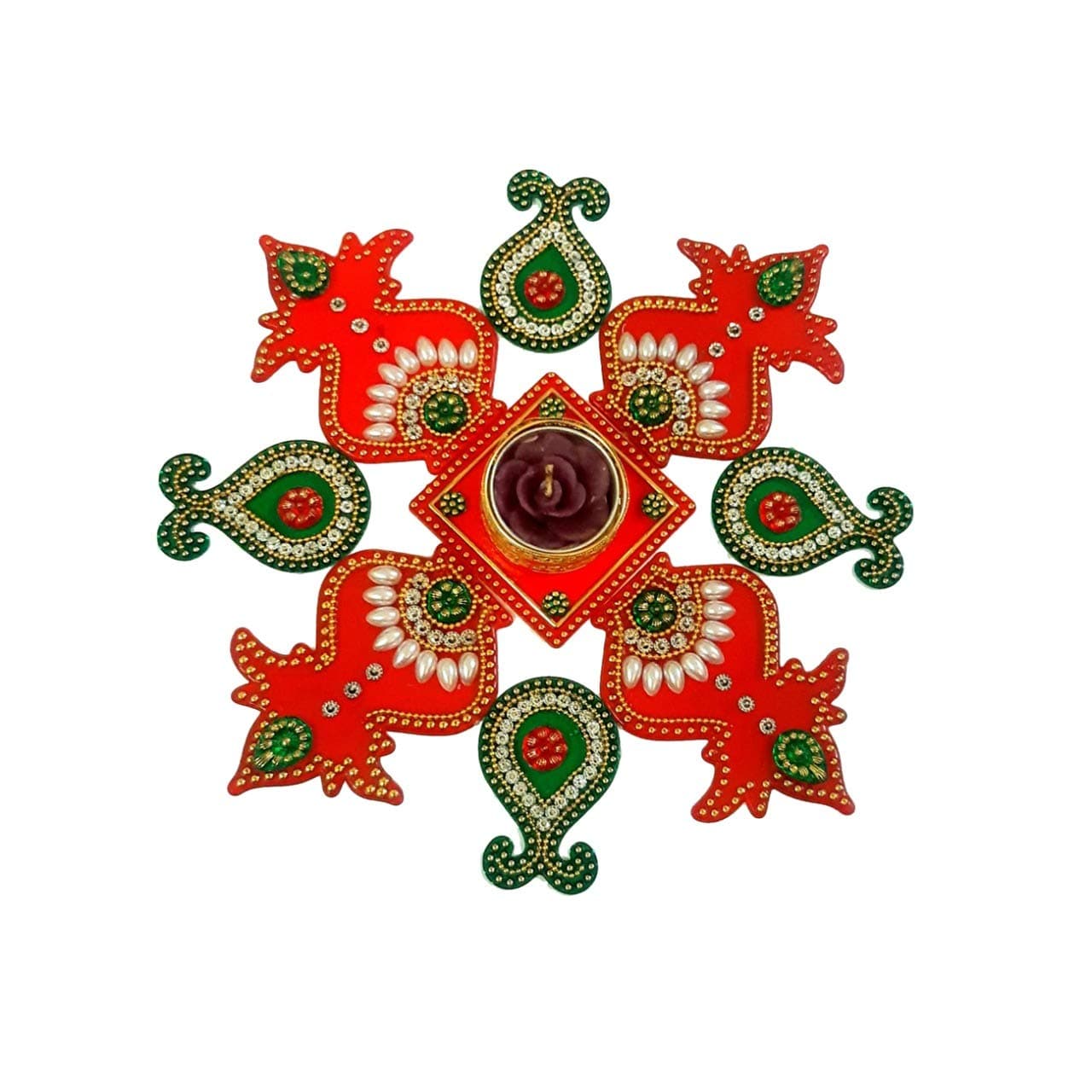 Small Size 9 Pieces Set Acrylic Rangoli with T Light Holder Multicolour Handicraft Jewel Stone Decorations (Small)