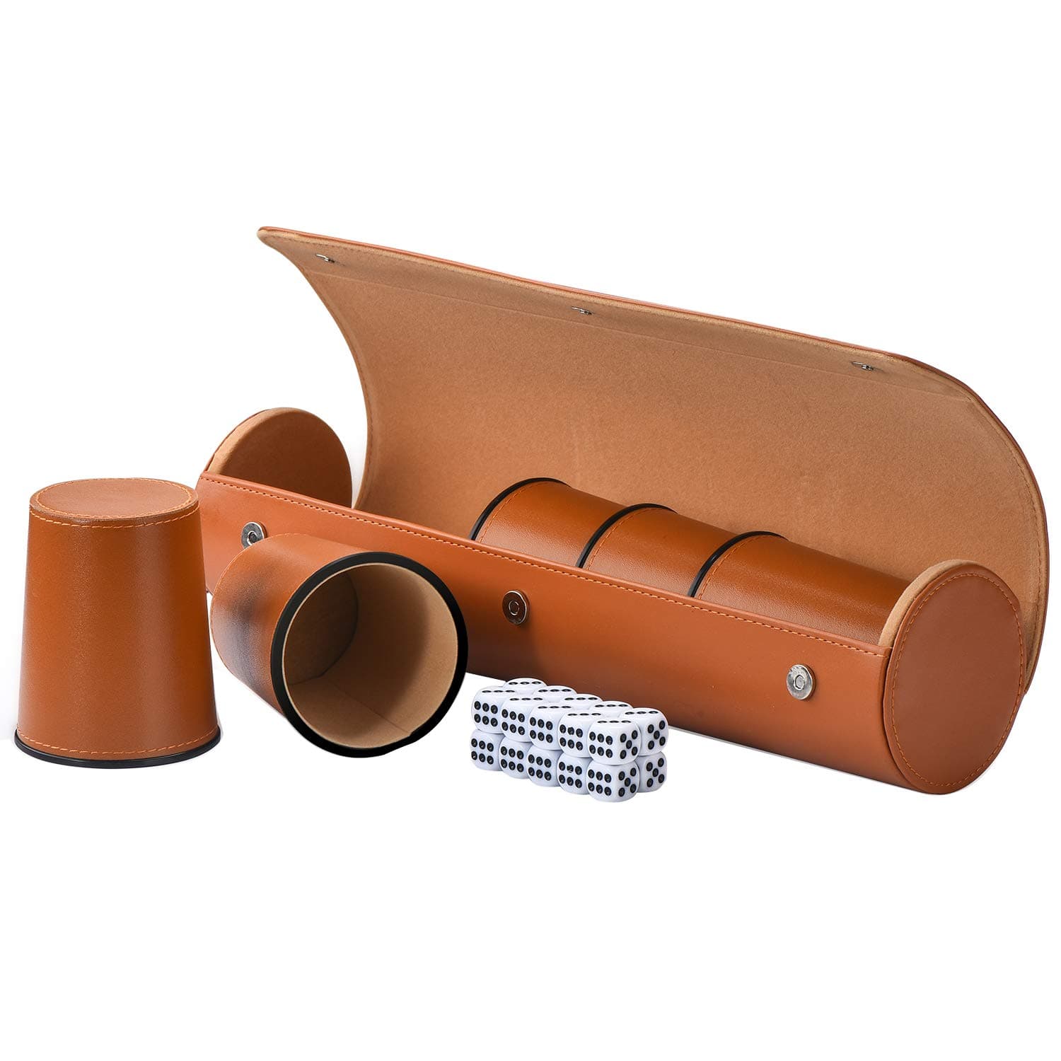 Dice Cup Set, 5x Leather Dice Cup + Transport Case Made of Faux Leather with Magnetic Closure for Playing Games, Yahtzee, Farkle, Party Favors