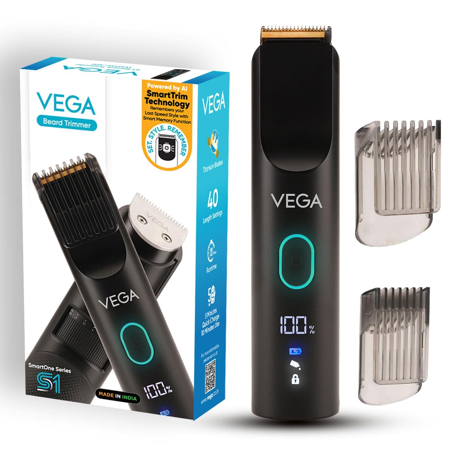 Vega SmartOne S1 Beard Trimmer for Men with Titanium Blade, Digital Display, 120 mins Runtime, IPX7 Waterproof & 40 Length Settings, 3 Unique Speed Mode Black (VHTH-30)