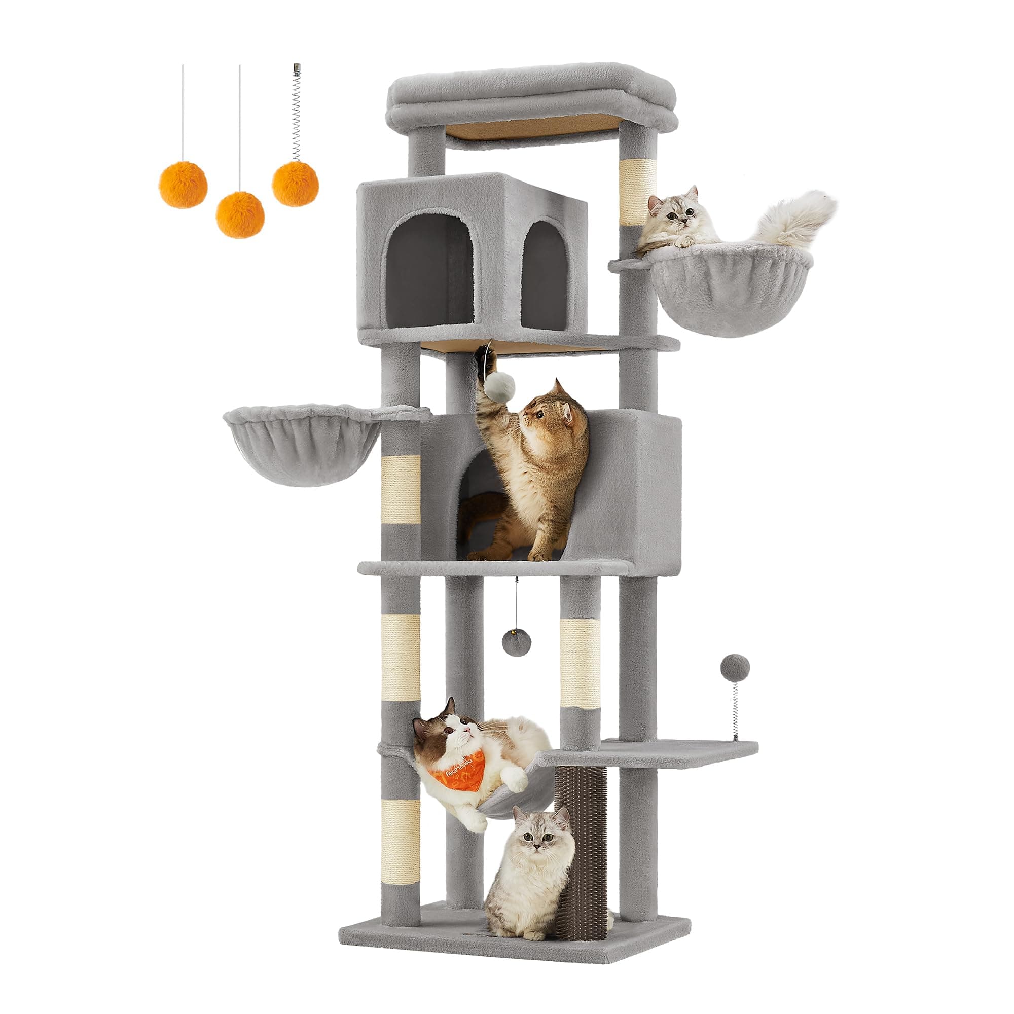 Feandrea Large Cat Tree, 175 cm Tall Cat Tower, Multi-Level Cat Condo with 2 Caves, 2 Baskets, 5 Scratching Posts, Self-Groomer, Perch, Hammock, for Indoor Cats, Dove Grey PCT182G01
