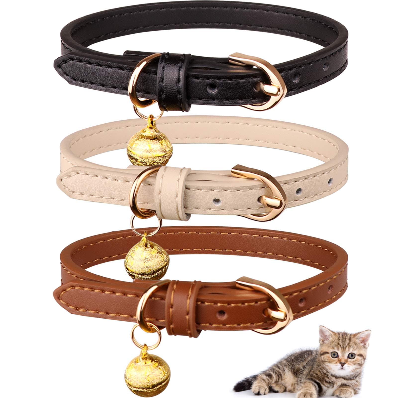 3 Pack Leather Cat Collars with Bells Soft Pet Safety Collar Kitten Collars with Bell Black Chocolate Beige(S)