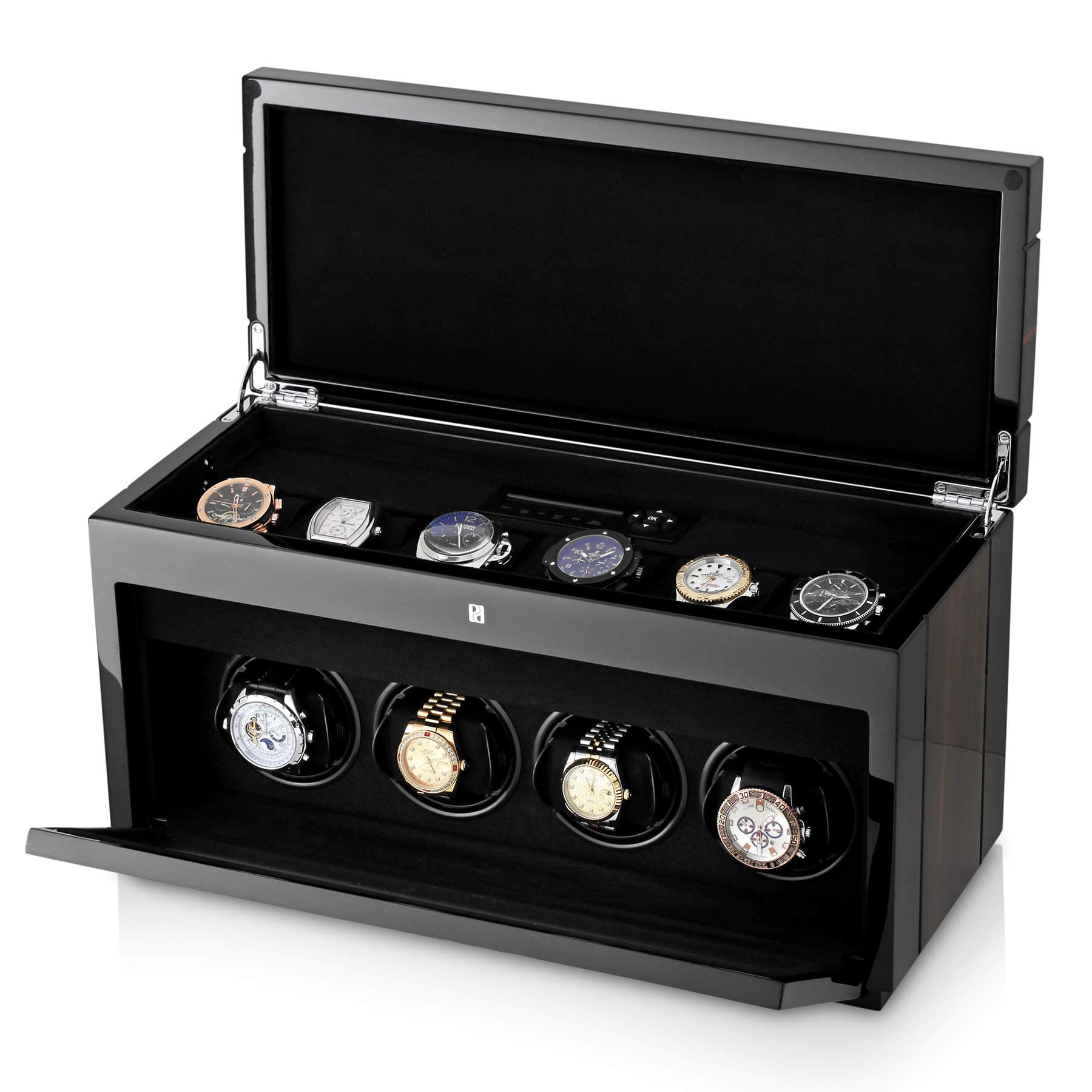 4+6 Watch Winder Box for 4 Automatic Watches with 6 Storage Slots, LED Backlight and LCD Display