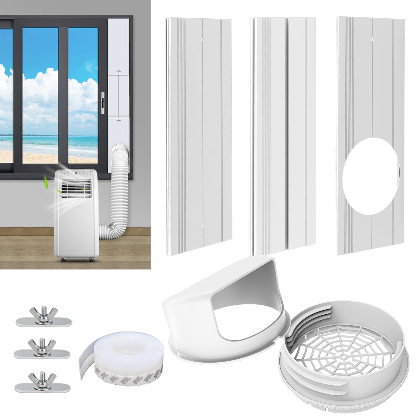 Portable Air Conditioner Window Vent Kit with 2-in-1 Coupler Fit for 5.0"/5.9” Exhaust Hose, Mobile A/C Unit Window Kit with 3 Seamless Slot Seal Plates for Vertical/Horizontal Sliding Window