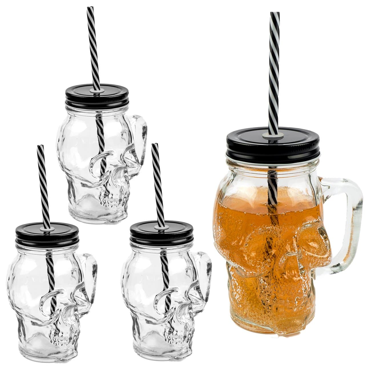 3D skull drinking glass with a lid and a sturdy straw, 500 ml, set of 4