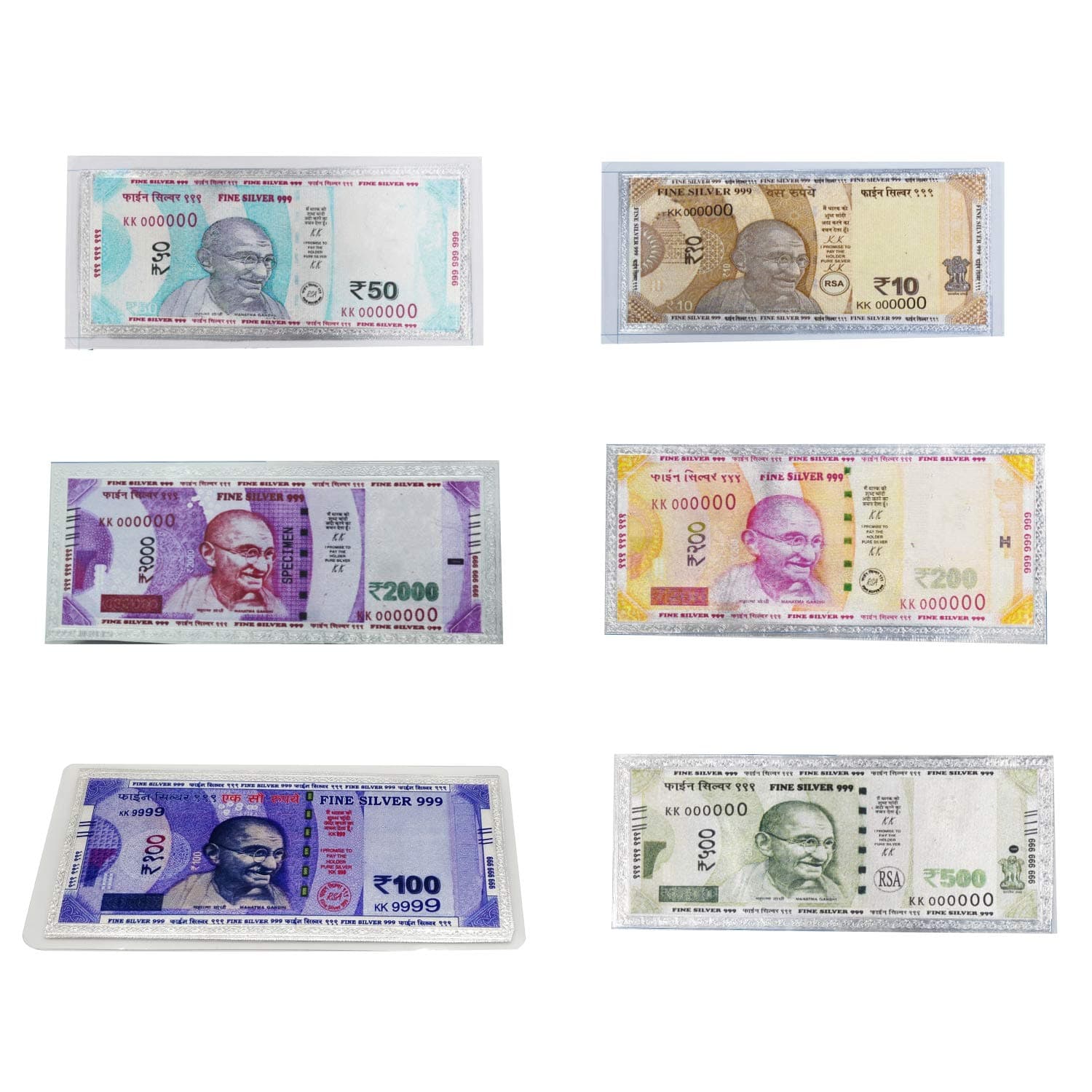 MAA SILVERPure Silver Set of 6 Laminated Currency Notes of Rs. 2000; Rs. 500; Rs. 200; Rs. 100; Rs. 50 and Rs. 10 for Gifting & Religious Use (999 Purity)(Set of 6)(15 Grams Silver)