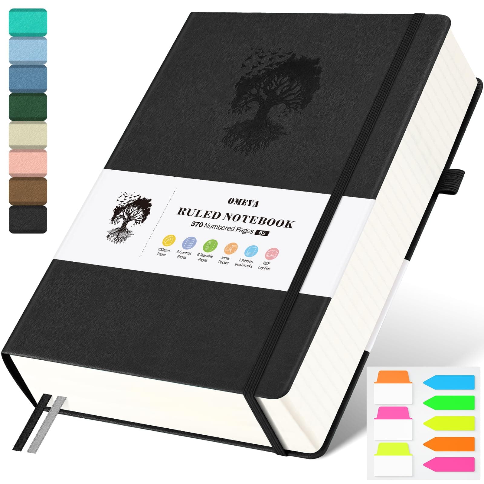 B5 Lined Journal Notebook, 370 Numbered Pages Thick Leather Journal for Writing, College Ruled Hardcover Notebook for Work,School with 100gsm Paper, Writing Journal for Women, Men (7.6" x 10.3" Black)