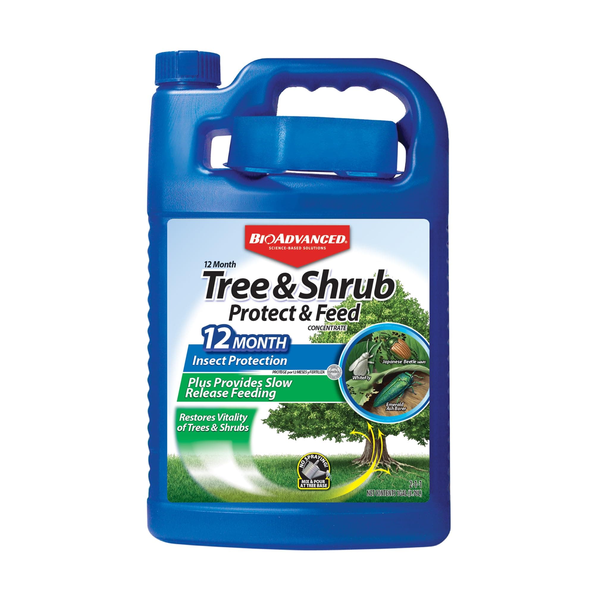 BioAdvanced 12 Month Tree & Shrub Protect and Feed Concentrate - Mix & Pour - Insect Control and Plant Food - Up to 12 Months Protection - 1 gal Bottle
