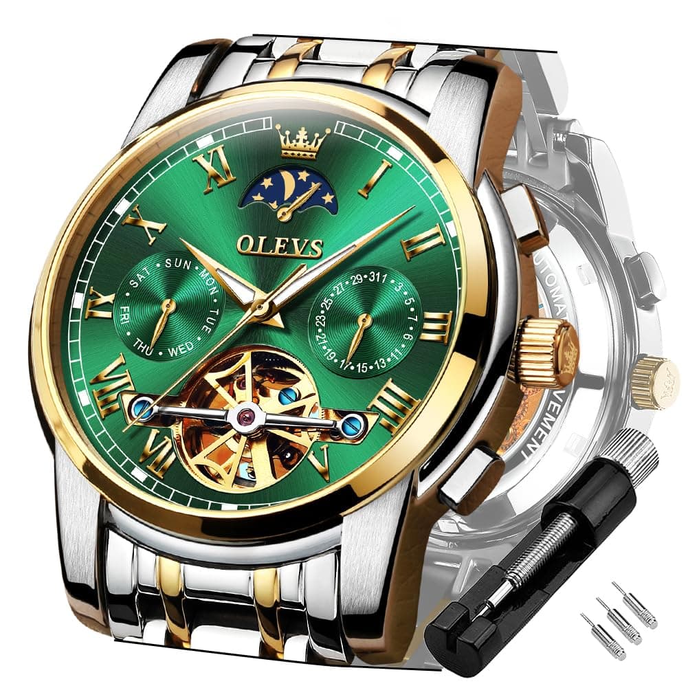 Men Automatic Watch Skeleton 5 Hands Mechanical Classic Luxury Multi Calendar Stainless Steel Waterproof Wrist Watch for Men