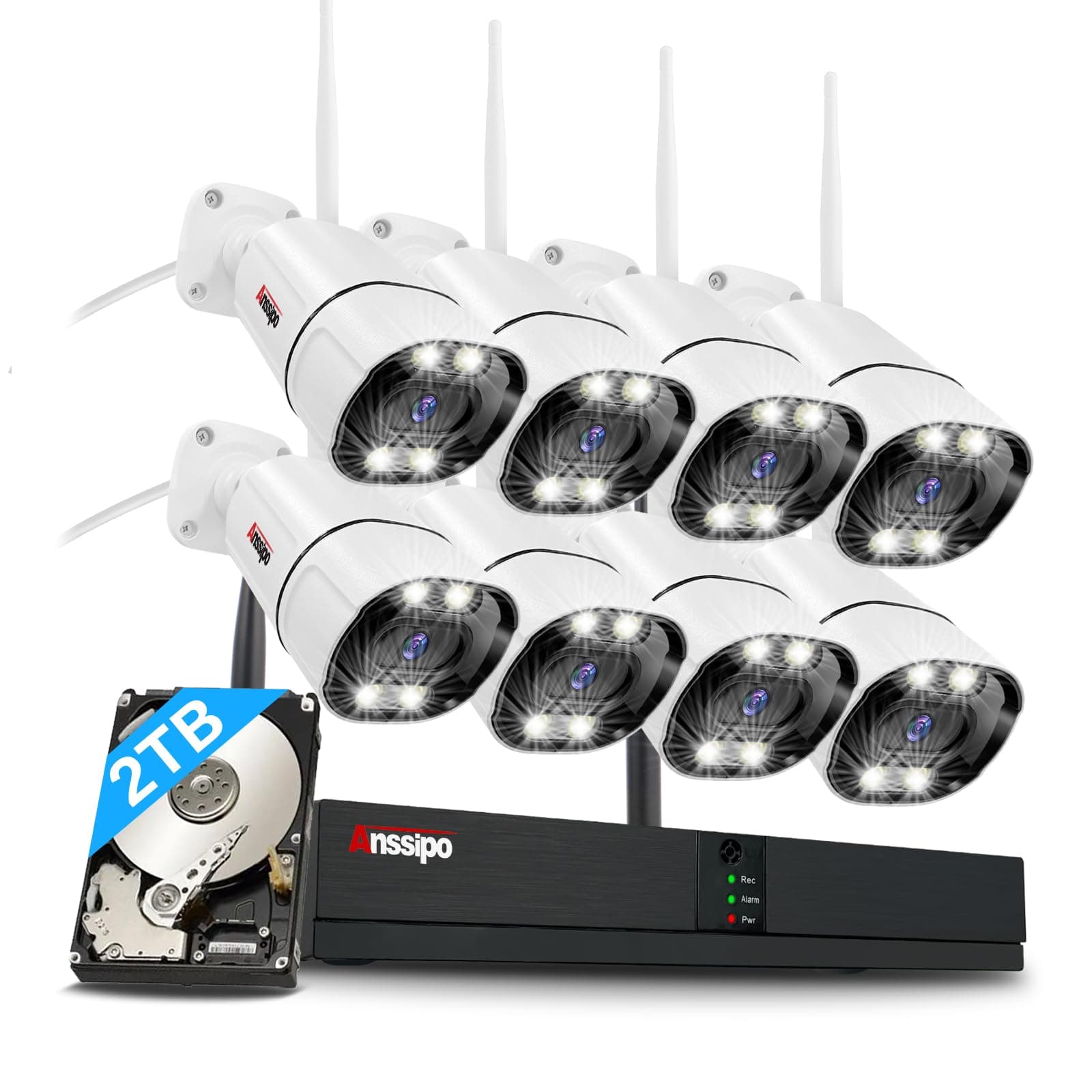 4K Home Security Camera System Wireless, 8pcs Plug-in WiFi Camera Outdoor Indoor for 24/7 Recording, 2 Way Audio, Color Night Vision, Human Detection, Dual Warning 8 Channel WiFi NVR, 2TB Hard Drive