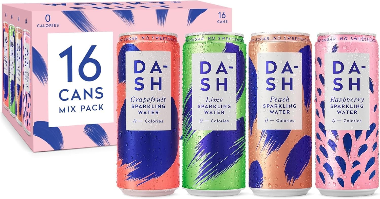DASH Water Mixed Pack x 16 – Flavoured Sparkling Spring Water – Raspberry, Lime, Grapefruit, Peach – Infused with Wonky Fruit (16 x 330ml cans)