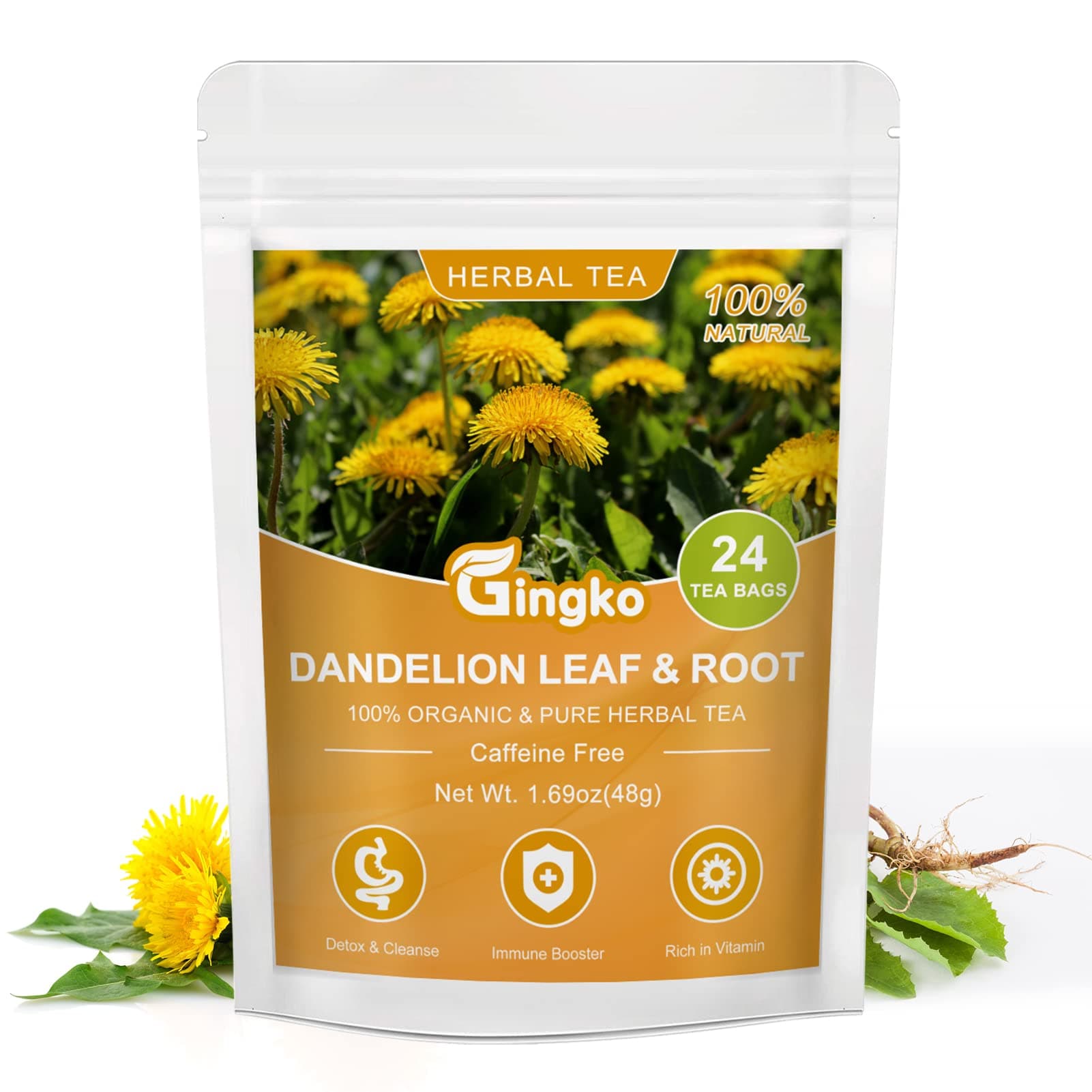 Organic Dandelion Leaf Tea, Dandelion Leaf & Root Herbal Tea with Honeysuckle - Caffeine Free Liver Detox Cleanse, Kidney Support Tea Blend Immunity Boost - Natural Herbal Tea Blend - 24 Tea Bags