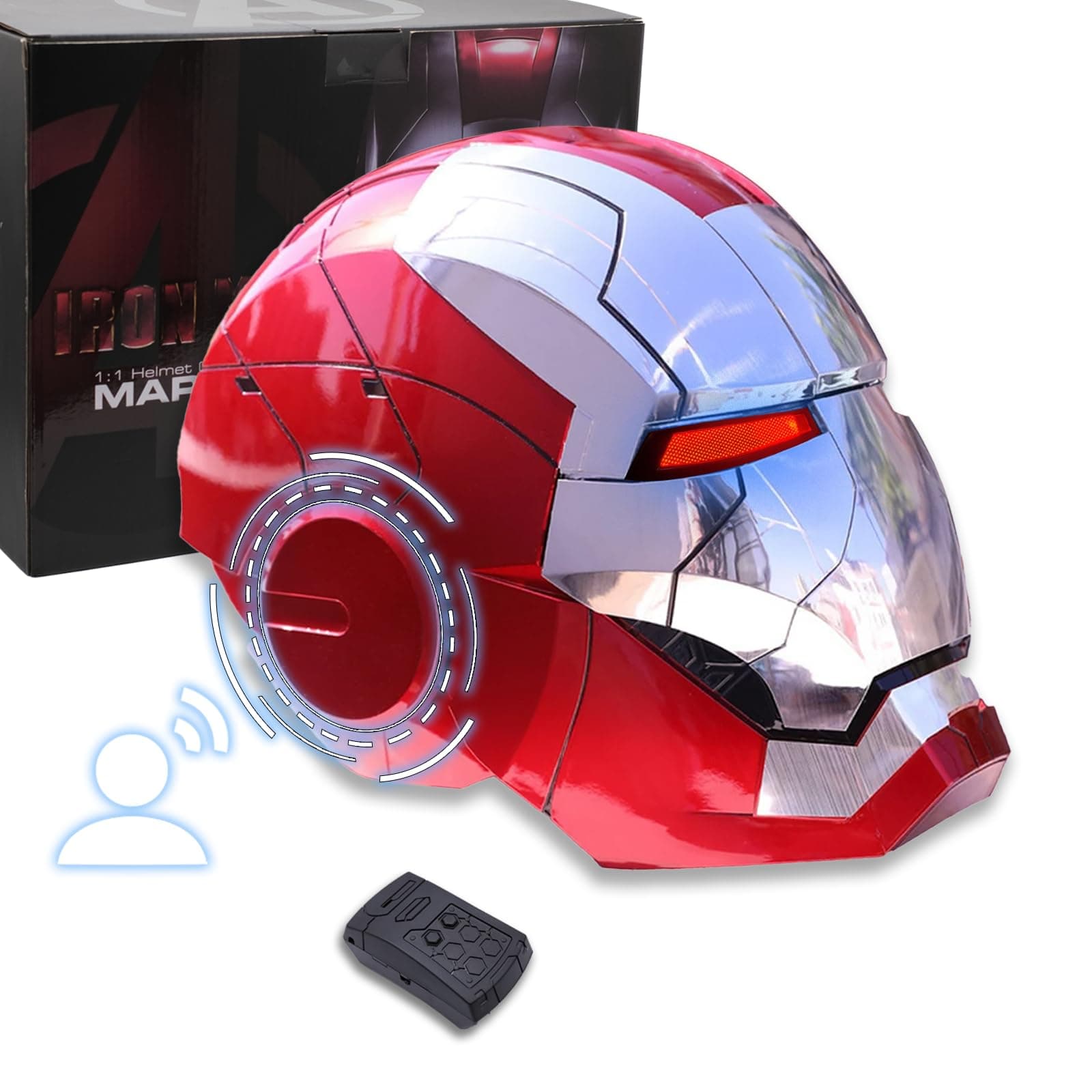 Iron-mans Helmet Electronic MarK 5 Helmet Silver Voice Control/Sensing/Remote Control Open/Close with Sounds & LED Eyes Light Up Super Hero Movie 1:1 model Prop., Large