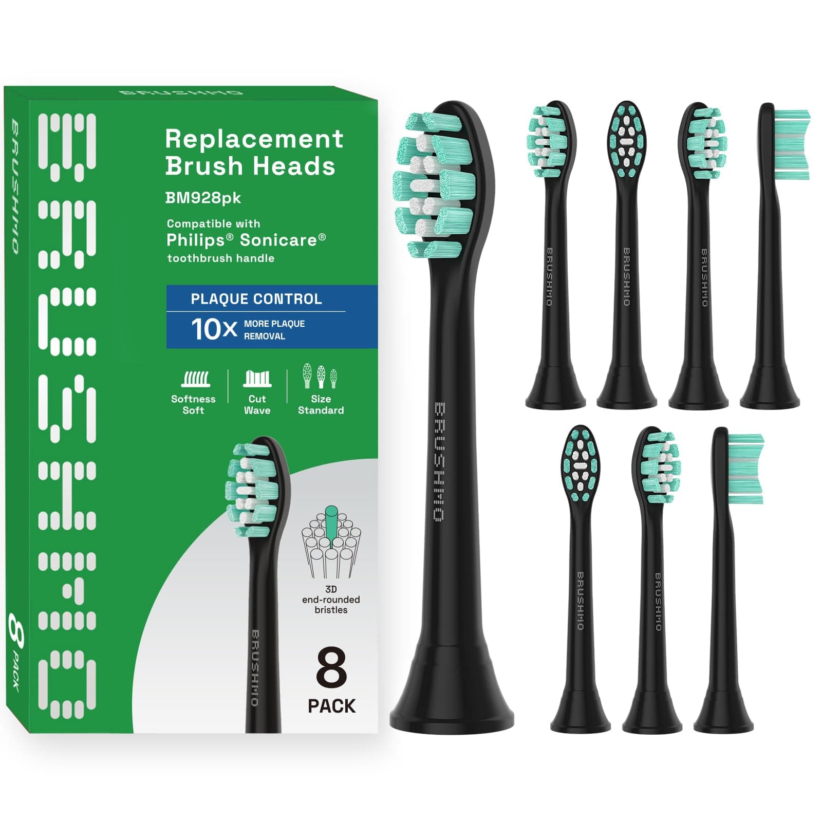 Plaque Control Replacement Toothbrush Heads, Compatible with Philips Sonicare Click-on Electric Toothbrush Handles, 8 Standard Replacement Heads, SoftDuPont Bristles, BM928bk, Black
