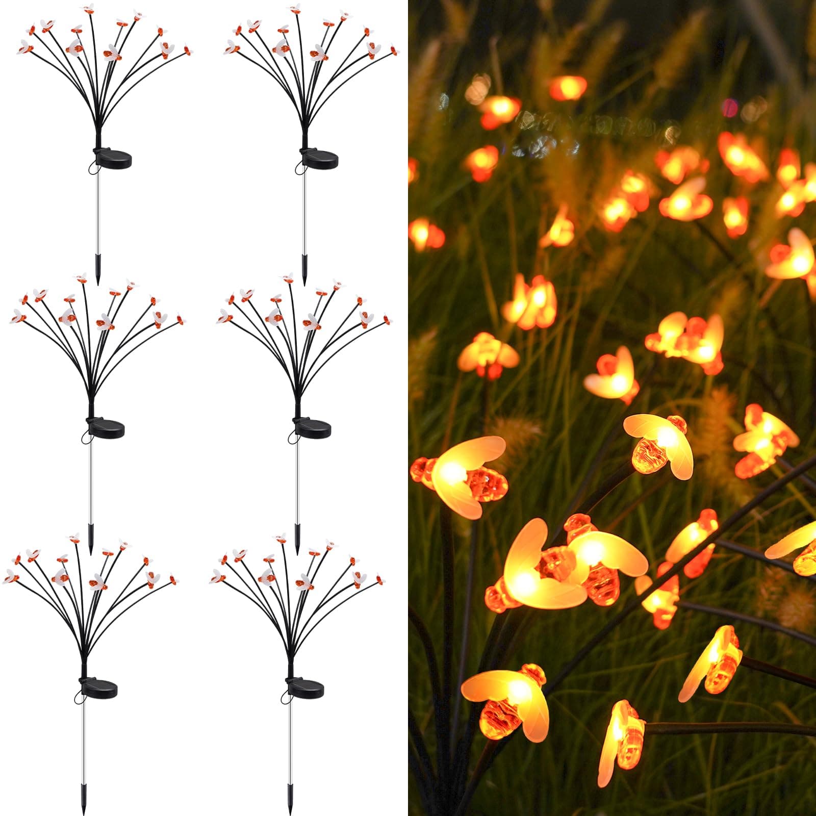Solar Firefly Lights, 12 Bees Solar Power Lights with 2 Lighting Modes, Waterproof Garden Lights, Sway by Wind, Solar Powered Outdoor Lights for Yard Walkway Decoration, 6-Pack, Warm White