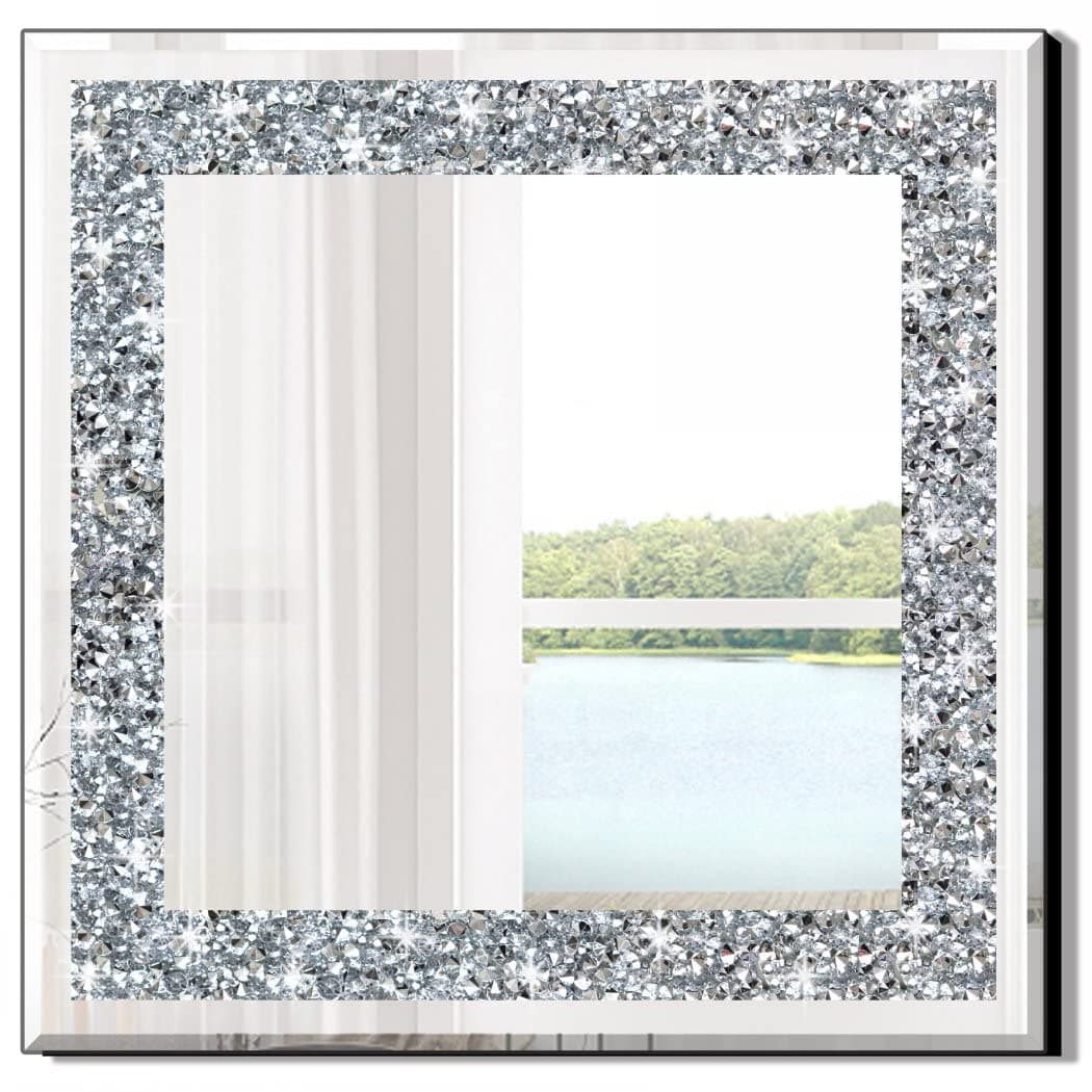 Crystal Crush Diamond Sparkly Square Silver Mirror for Wall Decoration 20x20x1 inch Wall Hang Frameless Bling Stylish Gorgeous Glam Mirror Vanity Home Decor.