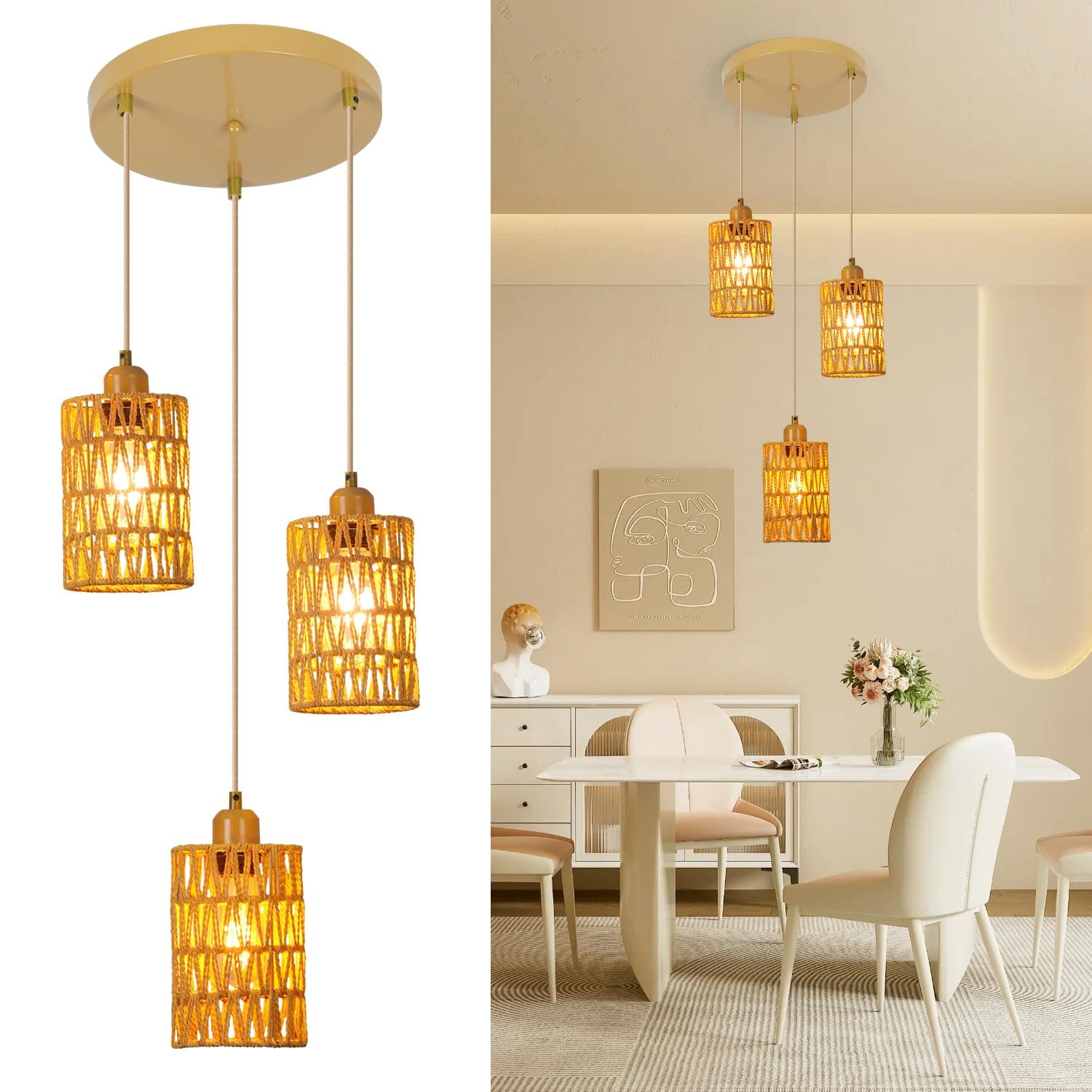 Pendant Lights Rattan 3 Lights, Boho Lamp Hanging Ceiling Light Natural Rattan Lampshade Cord Adjustable 152cm, E27 Vintage Kitchen Light Fitting, Rustic Lamp Fixtures Dining Living Room