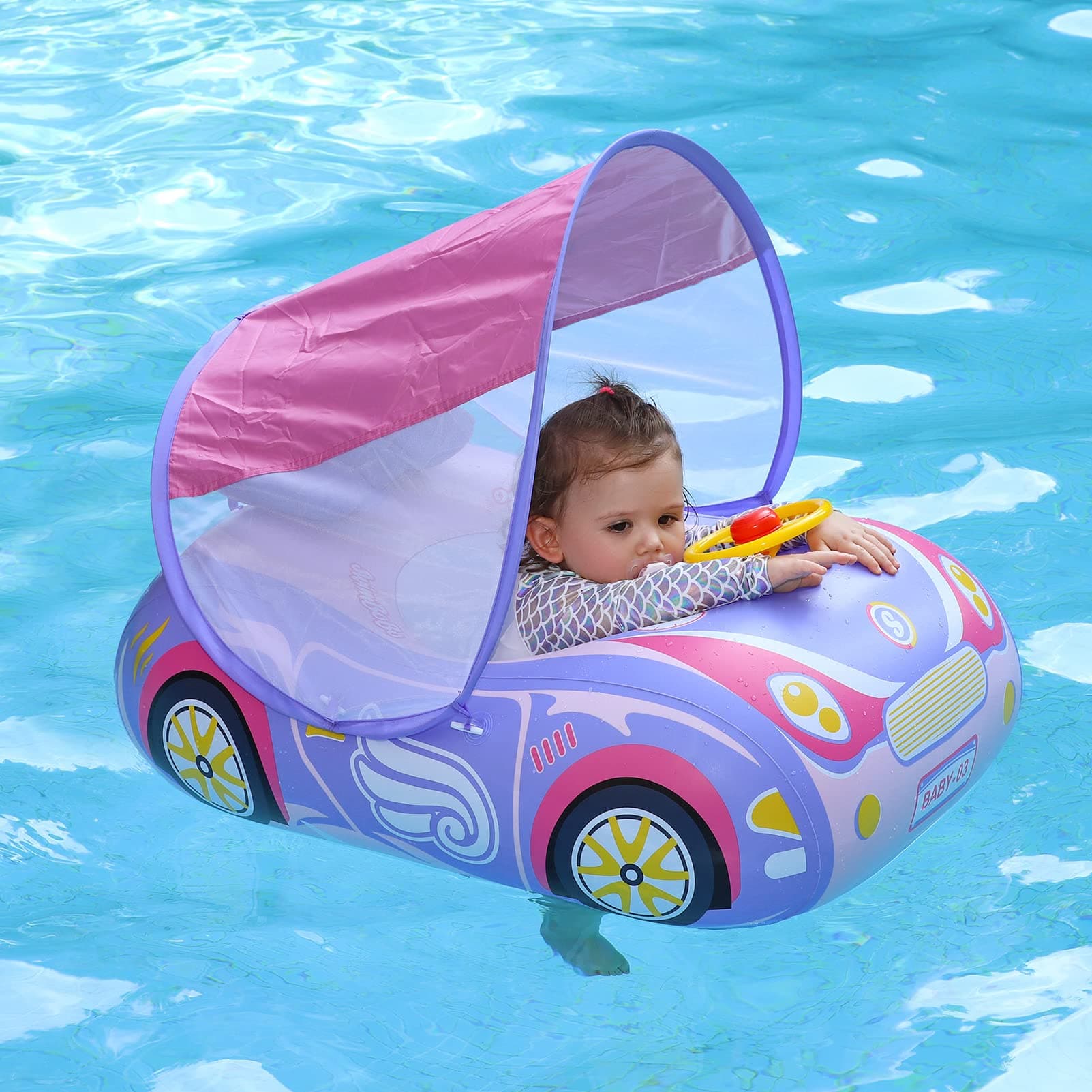 Swimbobo Toddler Pool Float Inflatable Car Baby Swim Float with Adjustable Sun Canopy and Safety Seat Pool Toys for Kids 3 Years Old +