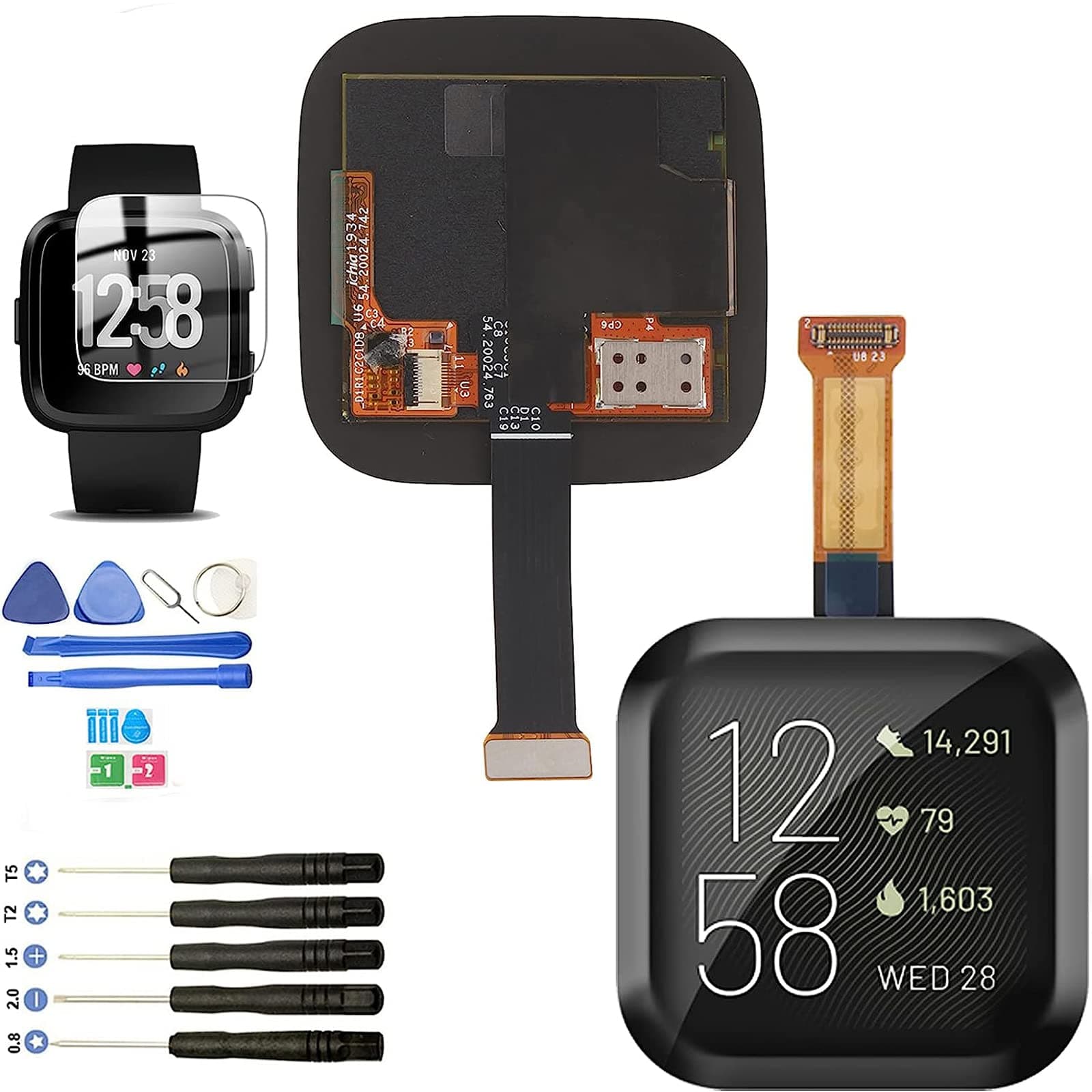 YWLRONG Watch Display for Fitbit Versa 2 FB507 Screen Replacement Touch Display Digitizer Assembly for Fitbit Versa 2 FB507 with Kit(Black)