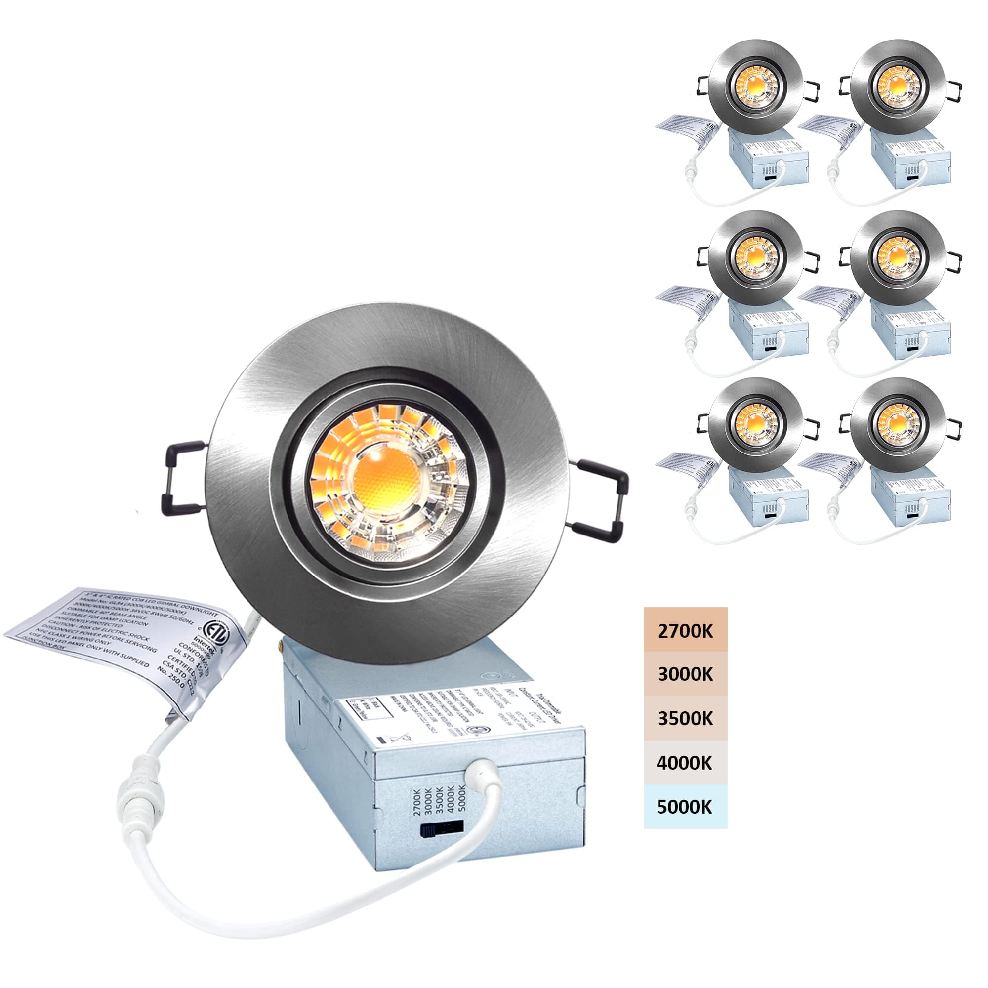 POPANU Premium Canless Recessed Gimbal Downlight Rotatable-Spotlight 5 CCT Eyeball Ceilling Potlight, Dimmable Lights Fixture with Junction Box, 8W CCT Adjustable (Brushed Nickel, 3 Inch)