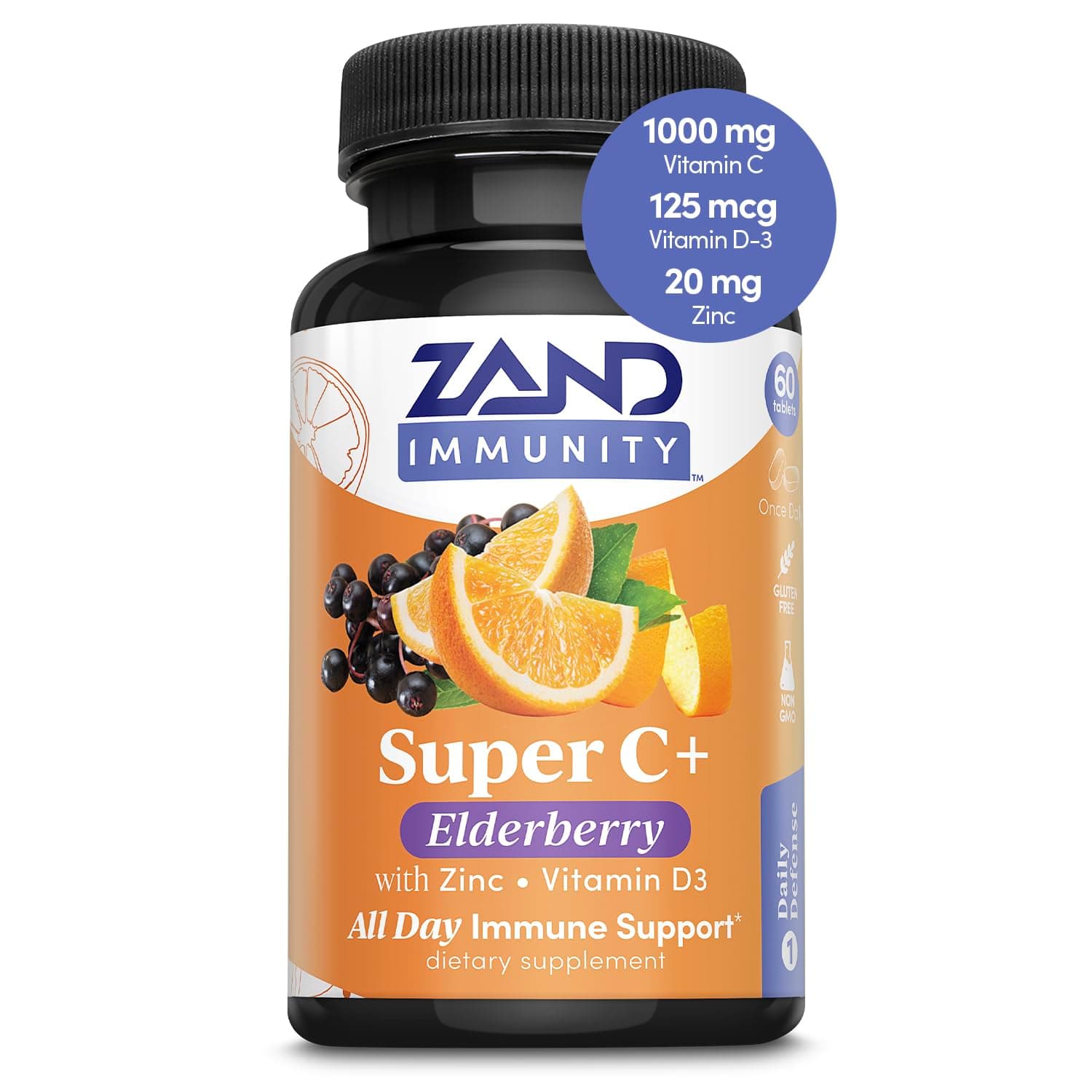 Immunity Super C+ with Elderberry, All Day Immune Support, 1000mg PureWay-C Vitamin C Plus Zinc & Vitamin D-3, Enhanced Absorption, 60 Tablets, 30 Servings