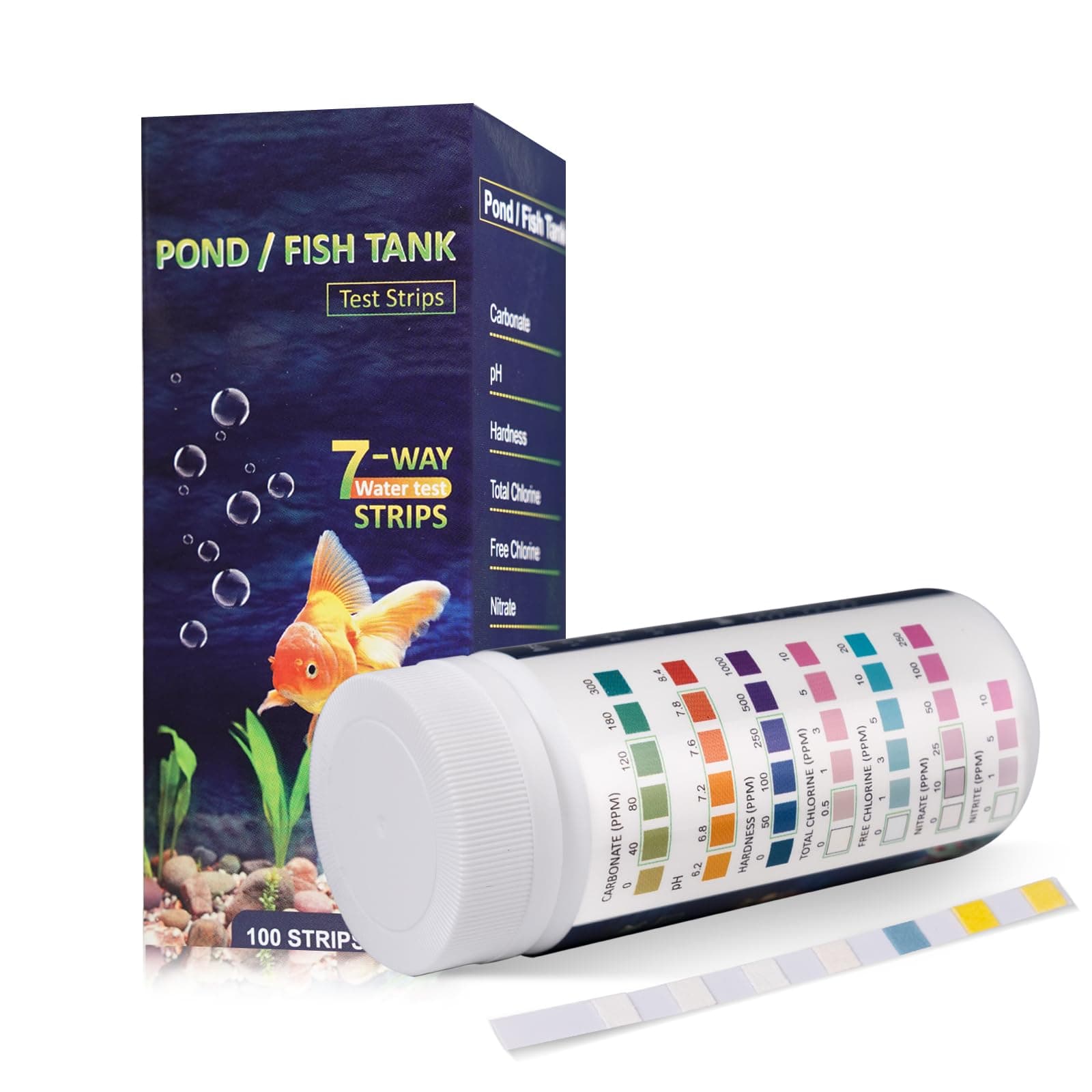 7 in 1 Aquarium Test Strips, 100 Strips Fish Tank Water Quality Test Freshwater Saltwater Test Kit for Test pH, Carbonate, Alkalinity, Hardness, Chlorine, Nitrite, Nitrate Aquarium Water Testing