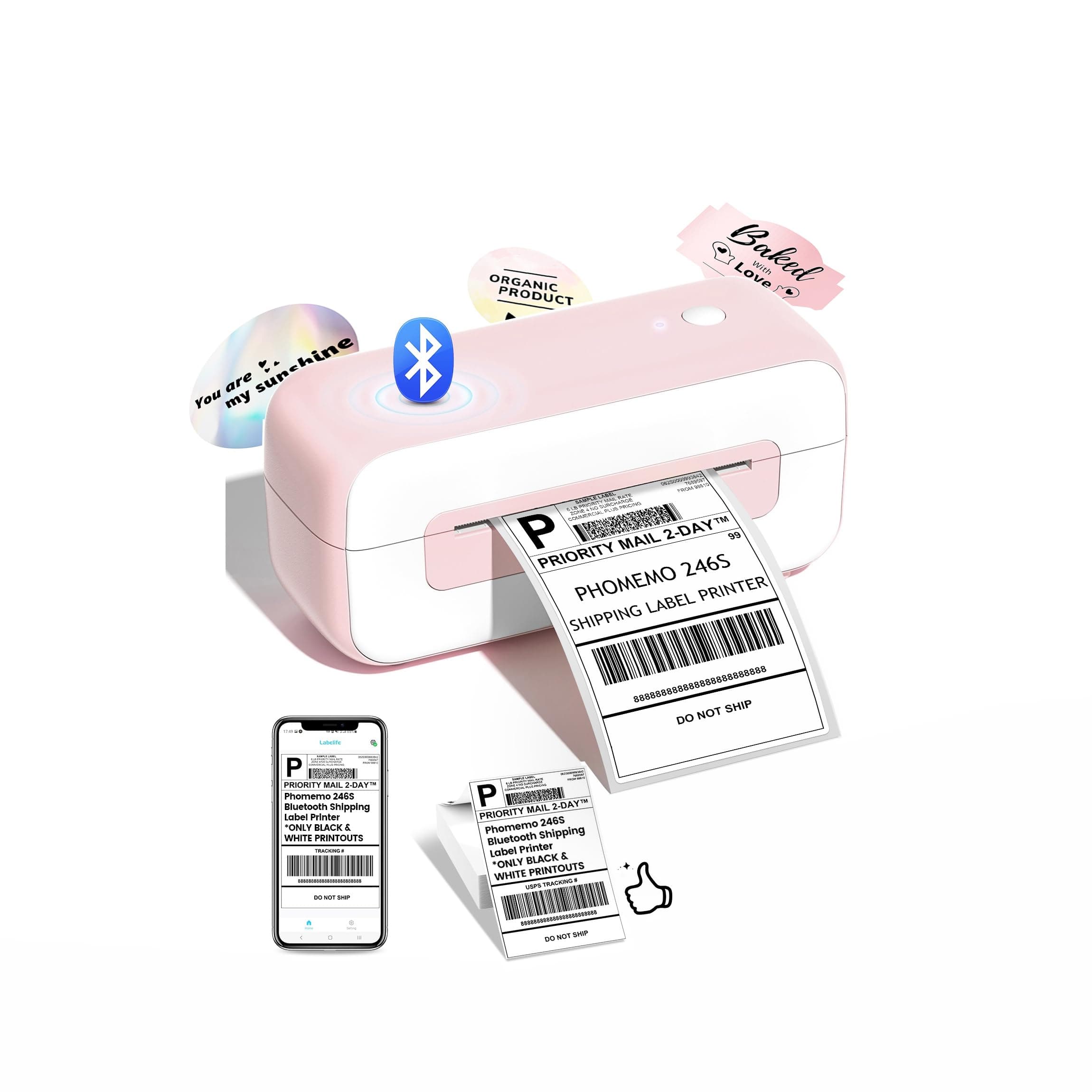 Phomemo Shipping Label Printer- Bluetooth Thermal Label Printer 4x6 for Small Business, Compatible with iPhone Android Windows Mac, Fast Inkless Printing for Amazon Shopify USPS FedEx - Pink