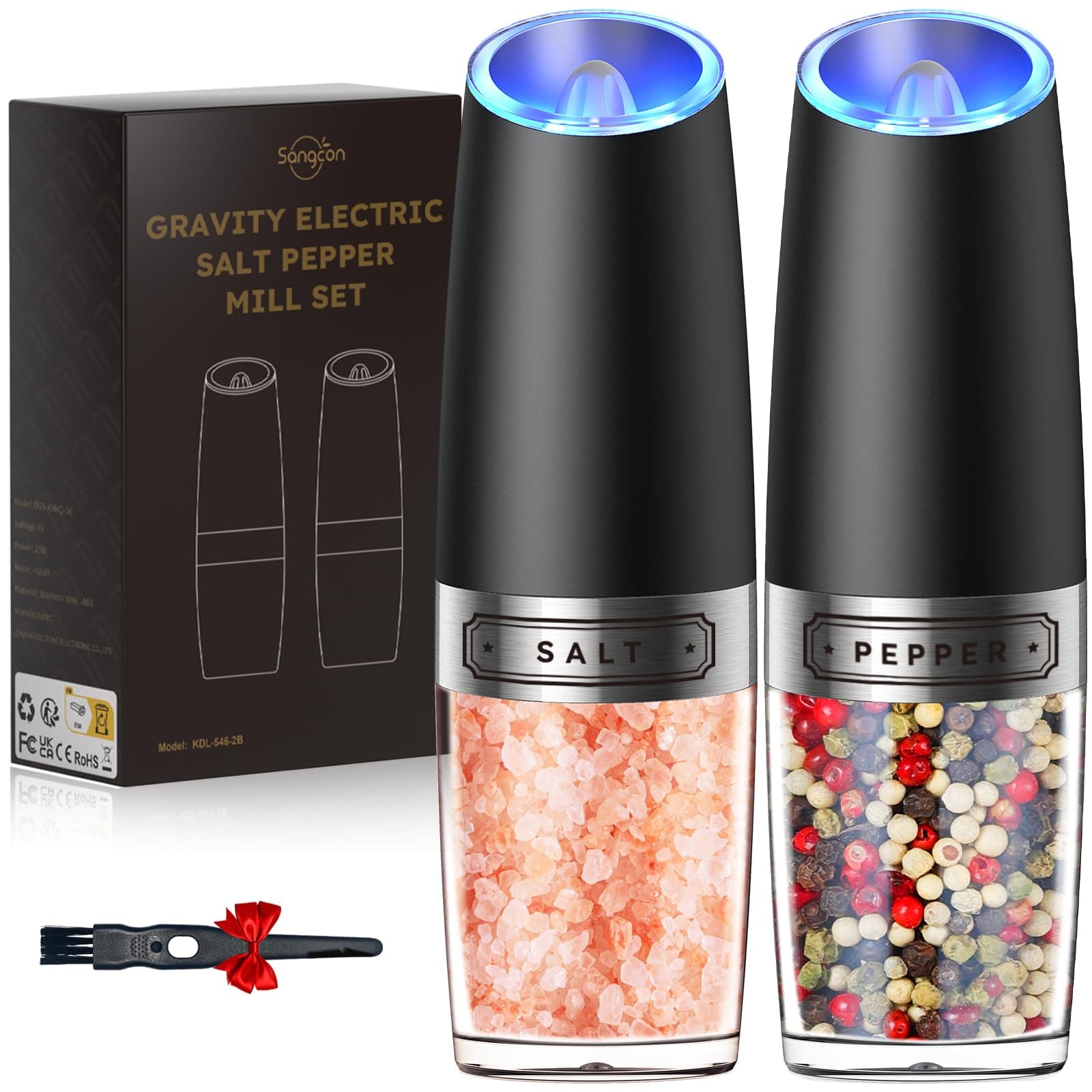 Sangcon Gravity Electric Salt and Pepper Grinder Set Automatic Shakers Mill Grinder with LED Light, BATTERY POWERED Adjustable Coarseness One Hand Operation, Upgraded Larger Capacity