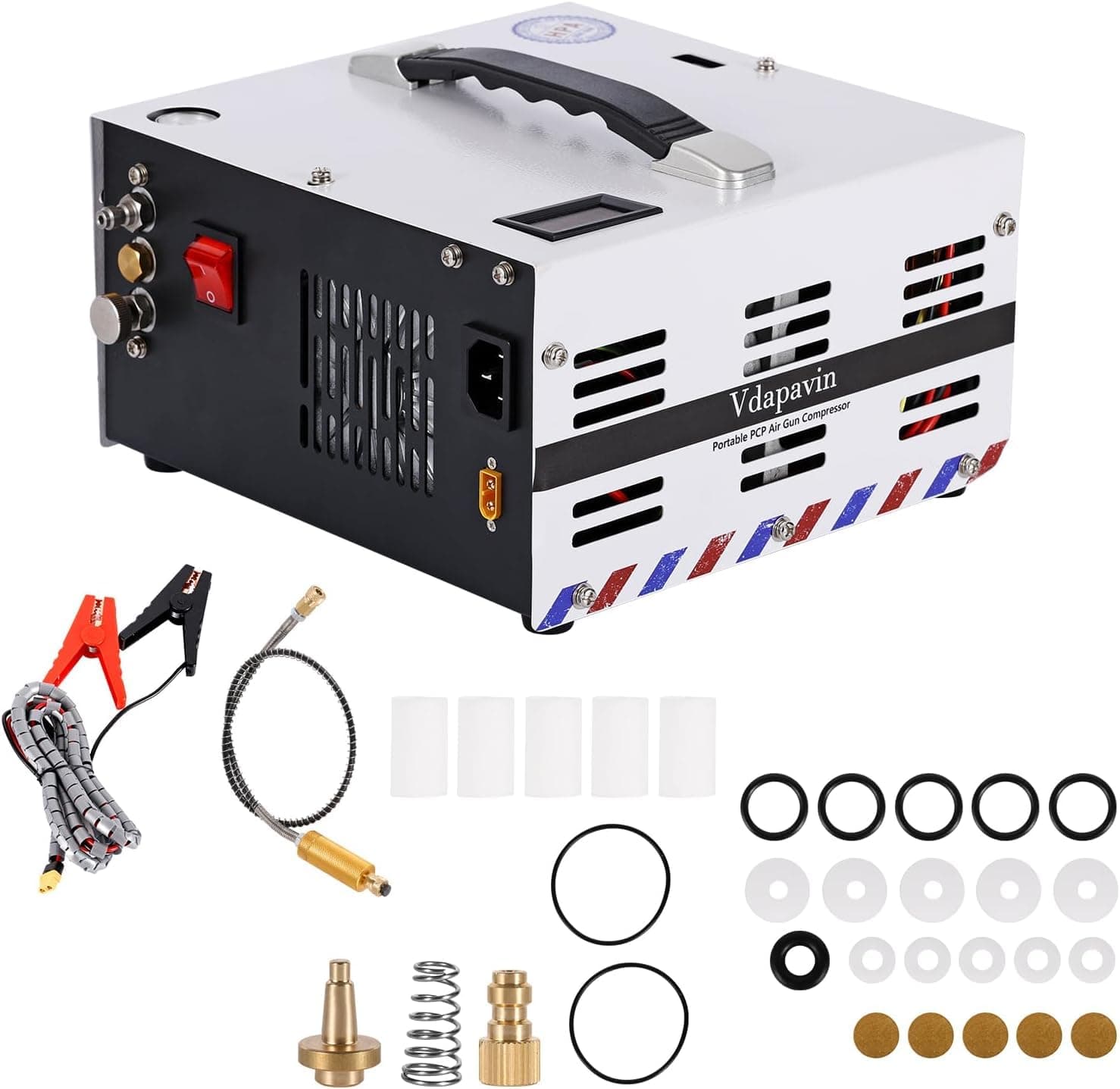 Pcp Air Compressor with Built-in Power Adapter, Auto Stop, Oil/Water Free, Compact and Portable, 4500psi/30mpa, Powered by 110V/220V AC or 12V DC, Air Gun and Pump