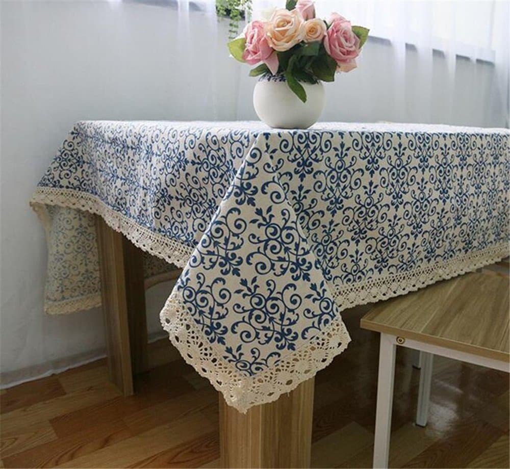 BYCE Linen Cotton Blue Flower Printed Tablecloth,Dustproof Rectangular Table Cloth Wedding Party Hotel Table Cover,Several Size,90x90cm (36x36 inch)