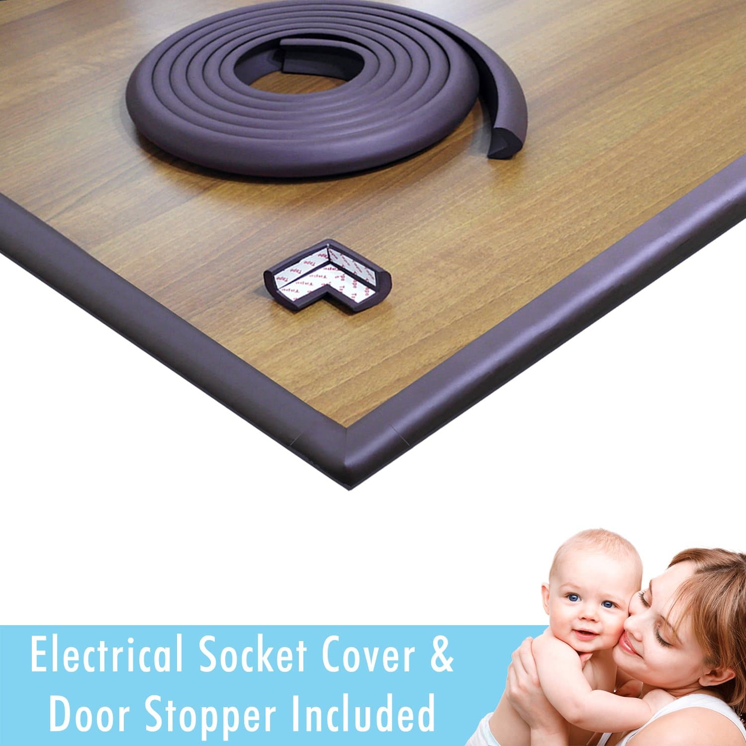 Edge & Corner Protector Set - Long 20ft Foam Sharp Furniture Safety Pads 8 Corners, Coffee/Brown, Baby & Child Cushion Protection, Door Stopper - Electrical Socket Cover Include