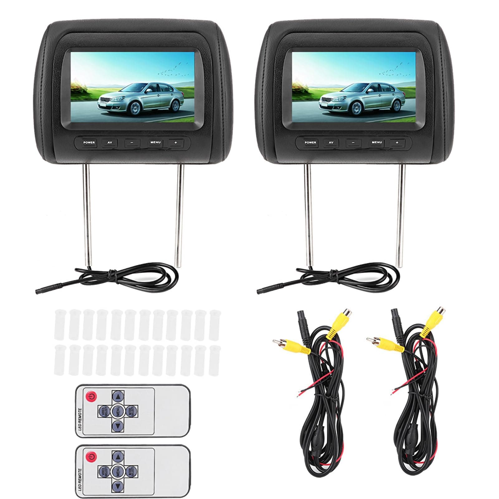 7 Inch Car Headrest LCD Display, 2pcs 16:9 800 X 480 Wide Screen, Support 2 Video Input, Universal Car Headrest Monitor with Wireless Remote Control, Easy Installation