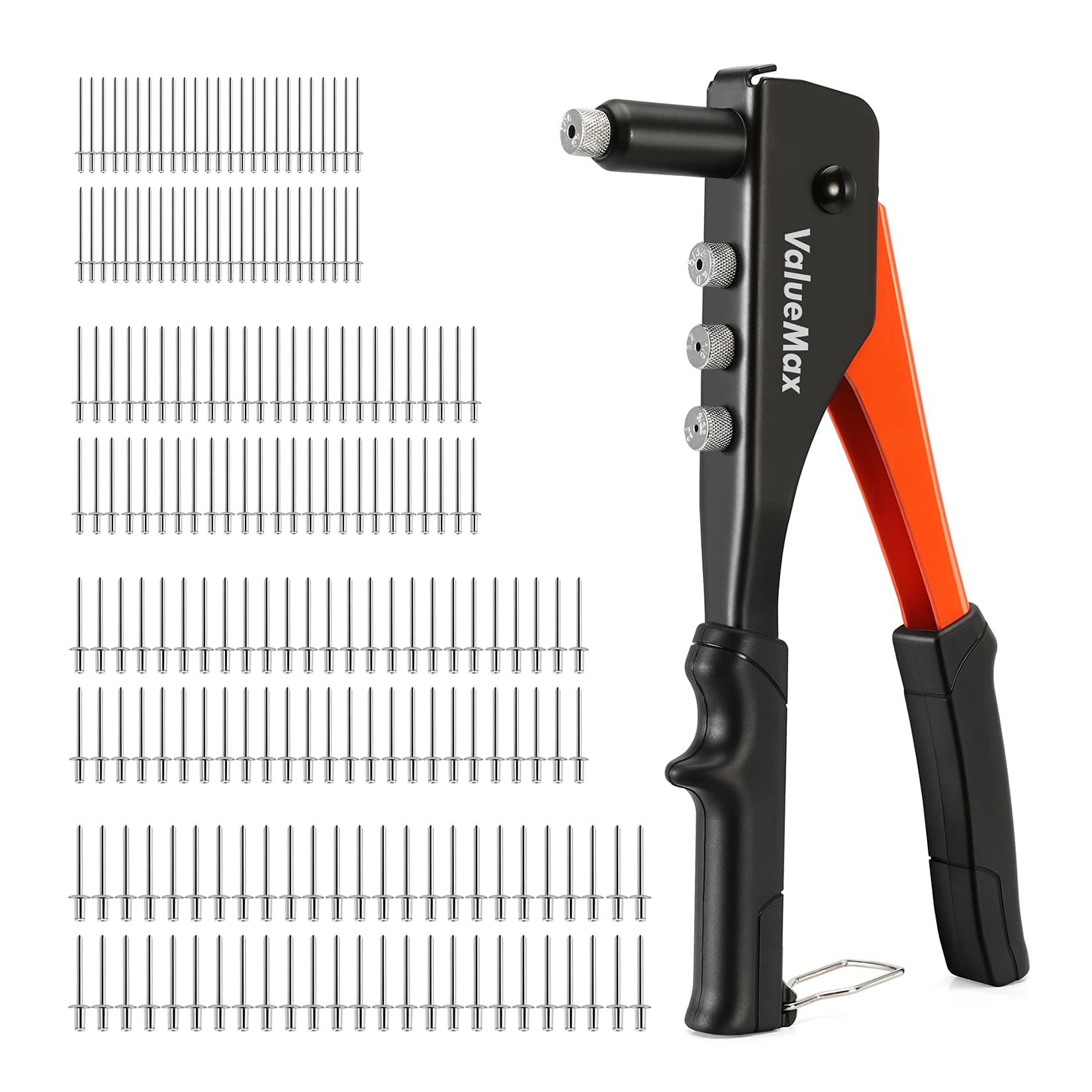4-in-1 Hand Riveter/Rivet Gun, Pop Rivet Tool Kit with 200 Rivets - 3/32-inch, 1/8-inch, 5/32-inch, 3/16-inch, 4 Interchangeable Nosepieces, Suitable for Metal