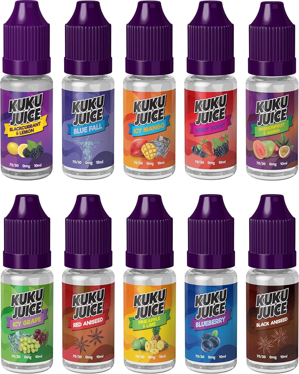 Ten Fruit Pack E liquid - 10 x 10ml Berry burst, Blueberry, Icy Grape, Blackcurrant Lemon, Passionfruit Guava & more 70VG/30PG