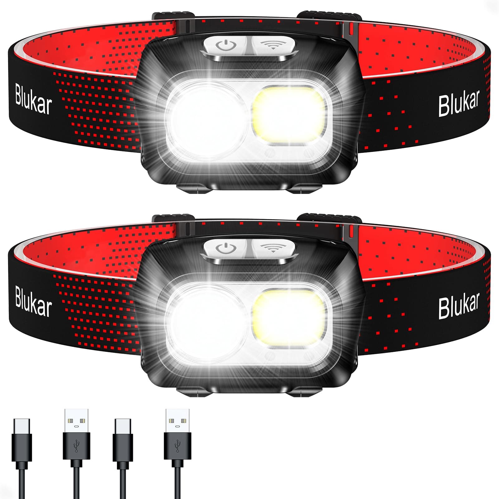 Blukar Head Torch Rechargeable, 2 Pack 2000L Super Bright Headlamp Headlight with 8 Light Modes, Spotlight Floodlight Combination, Sensor Control, Waterproof, Long Battery Life for Running,Camping