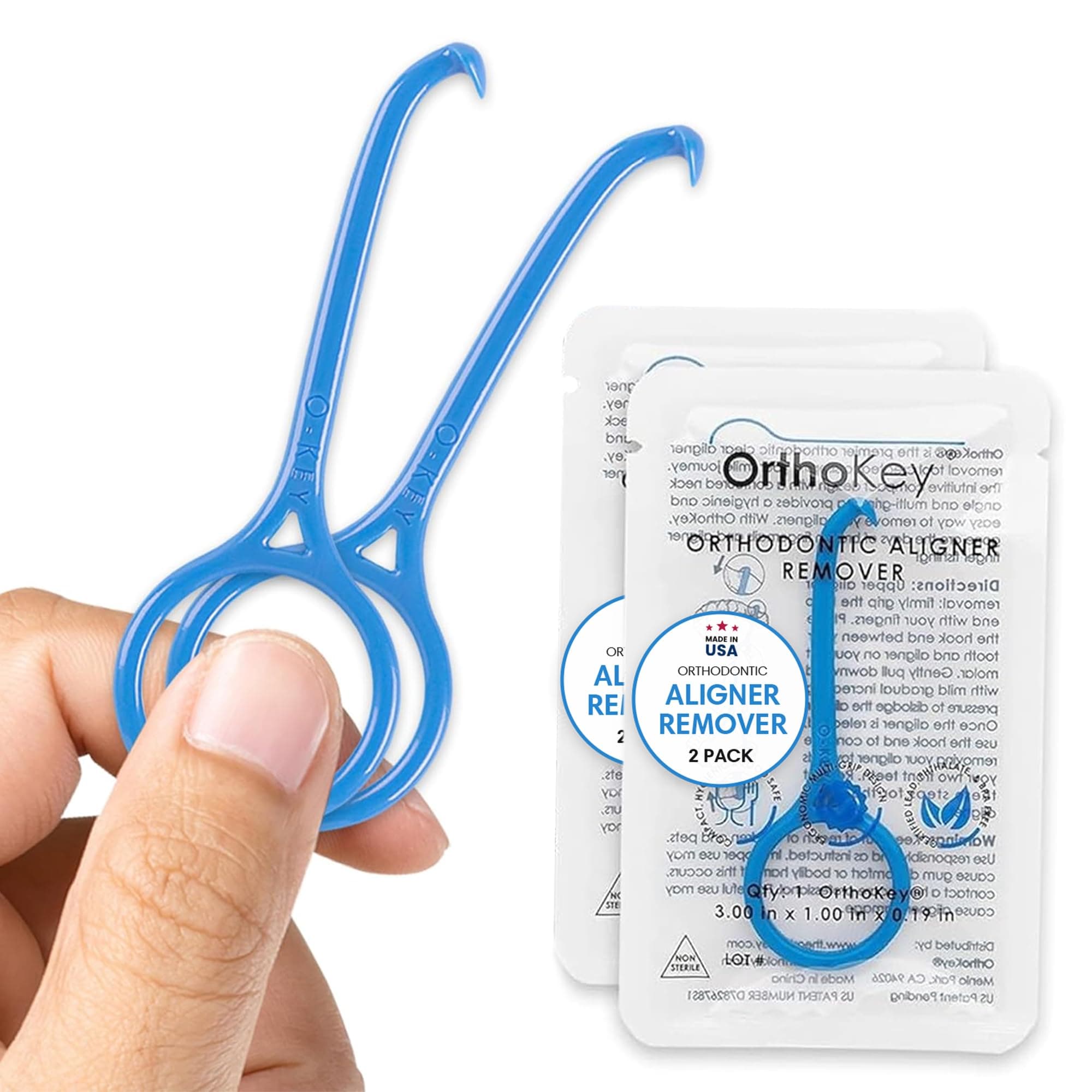 OrthoKey Clear Aligner Removal Tool | Invisible Removable Braces, Denture, Brackets, Retainer Remover Key | Personal Orthodontic Supplies, Dental-Grade for Ortho Cleaning & Travel Use | (2-Pack) Blue