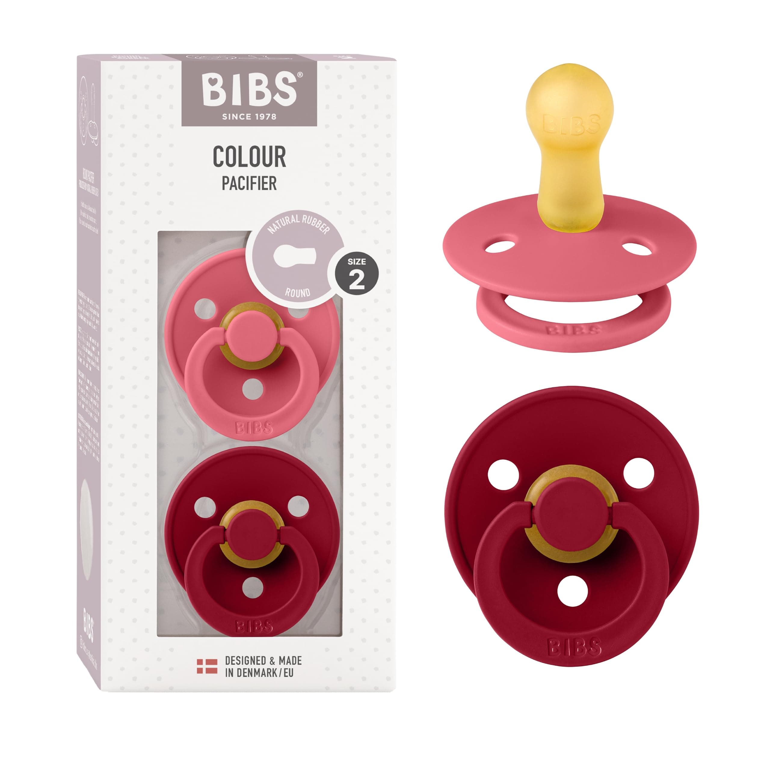 BIBS Colour Soother 2-Pack, BPA Free Dummy Pacifier, Round Natural Rubber Latex, Size 2 (6-18 Months), Coral/Ruby