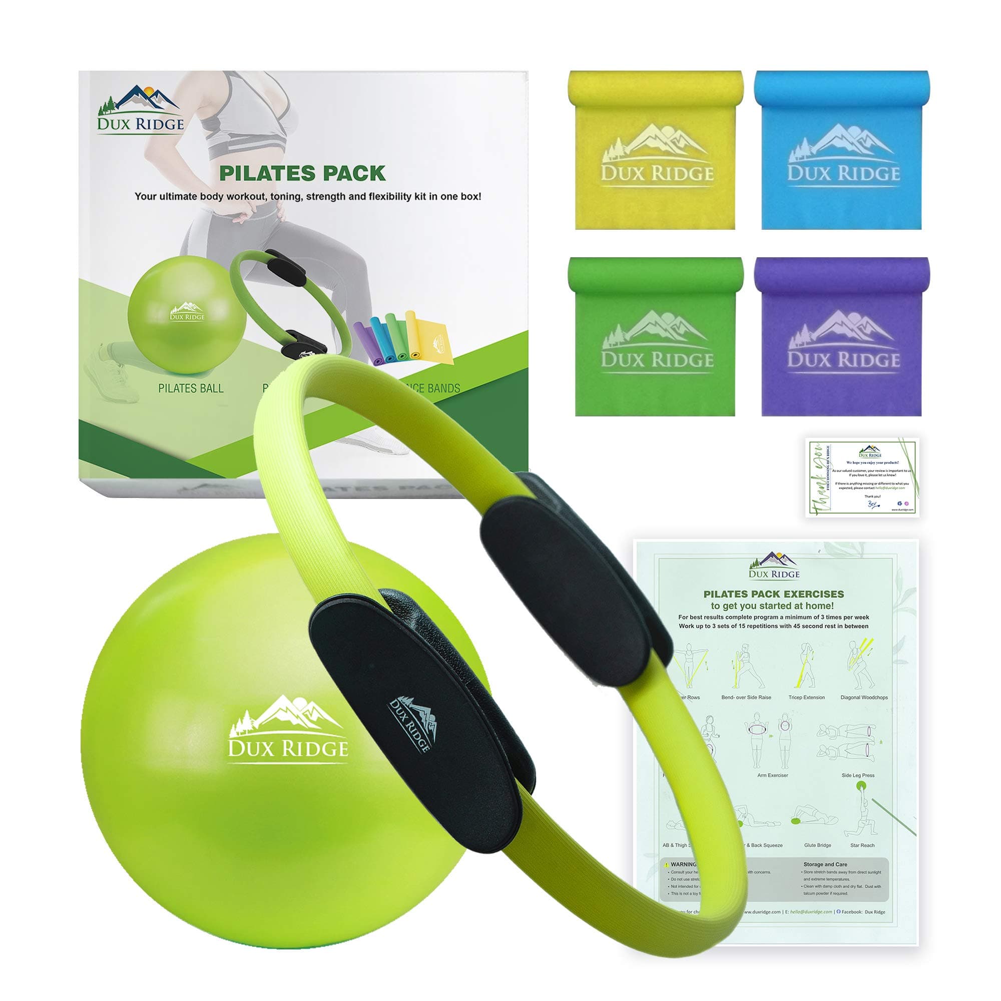 Pilates Ring 12" Magic Circle, 9" Pilates Mini Ball, Set of 4 Resistance Bands. Total Body Workout in one Box! Pilates Yoga Barre Physical Therapy. Strength Training Without Weights.