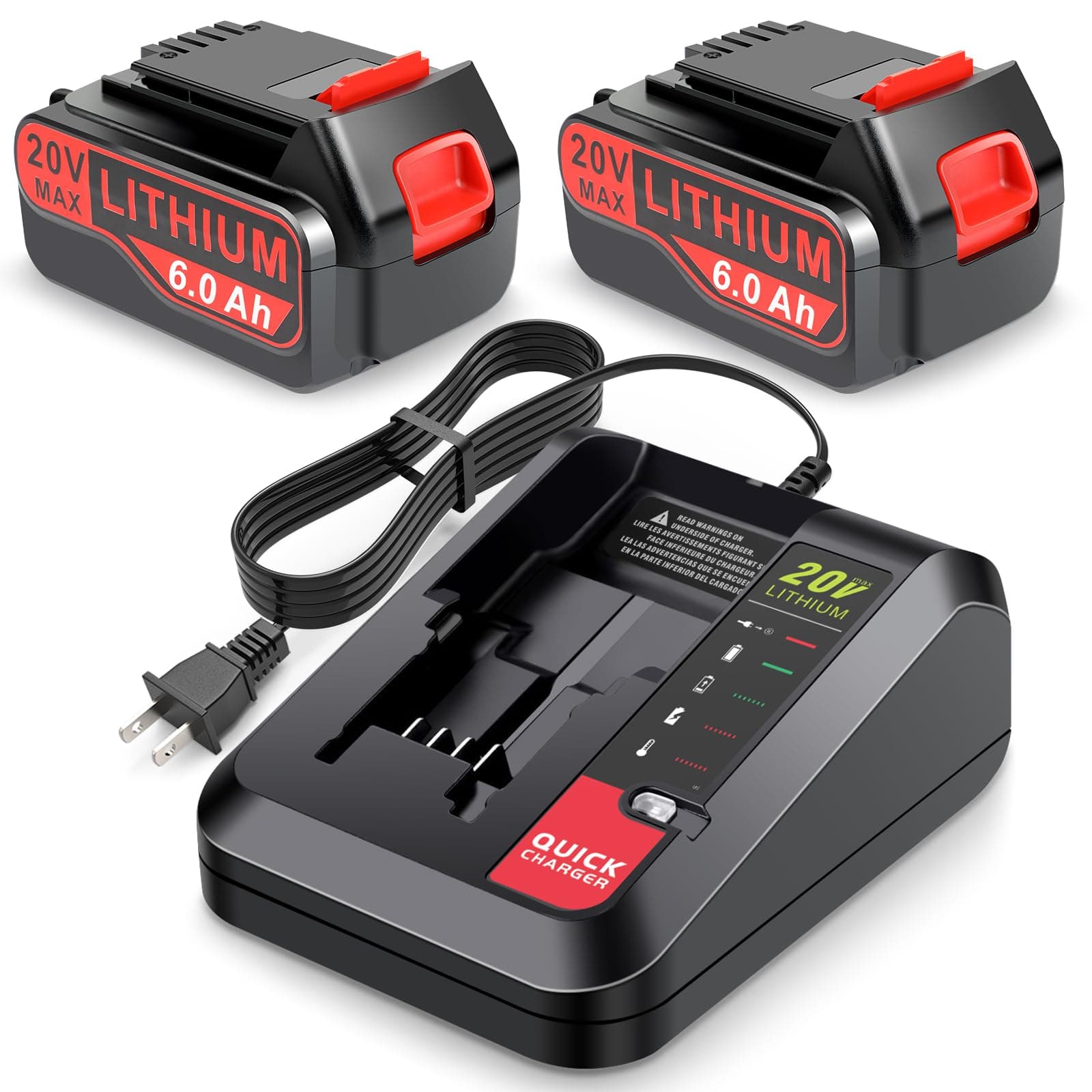 20v Lithium Battery Replacement for Black and Decker 6.0Ah Battery 2Pack with 1 Charger Combo Compatible with LBXR20, LBXR20B, LBXR20-OPE, LBXR2020, LBXR20, LB20, LBX20, LB2X4020 Cordless Power Tool
