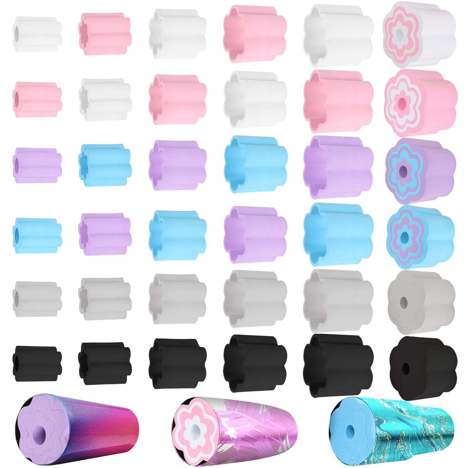 30 Pcs Cup Turner Foam Set-5 Sizes Cup Turner Inserts Expandable Spinner Sponge Cup Turner Accessories for Tumblers, Cola Shaped Water Bottles(1.57/2.44/2.83/3.18/3.74 Inch Diameter, 6 Colors) (B)