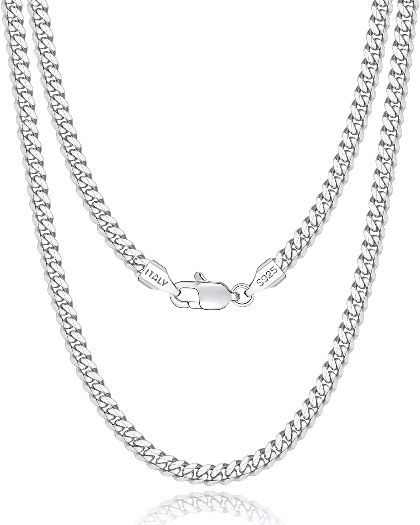 Solid 925 Sterling Plated Silver Chain Necklace for Men Boys Women, 4mm Diamond Cut Curb Link Cuban Chain for Men, Sturdy & Comfortable & Shiny Italian Men's Chain 16 18 20 22 24 26 Inch