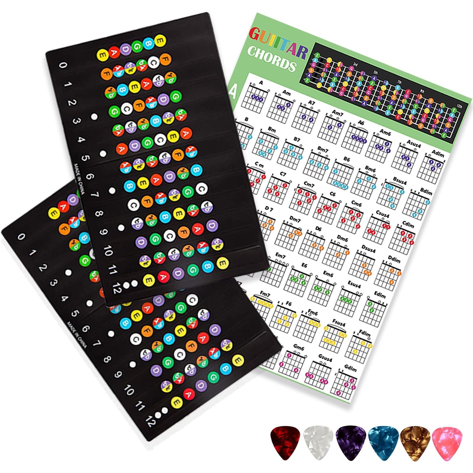 Guitar Fretboard Stickers,Color Coded Note Decals Guitar with Chords Scale Chart for Beginner Learner Practice Fit 6 Strings Acoustic Guitar… (2*Stickers+1*Chords Map+6*Picks)